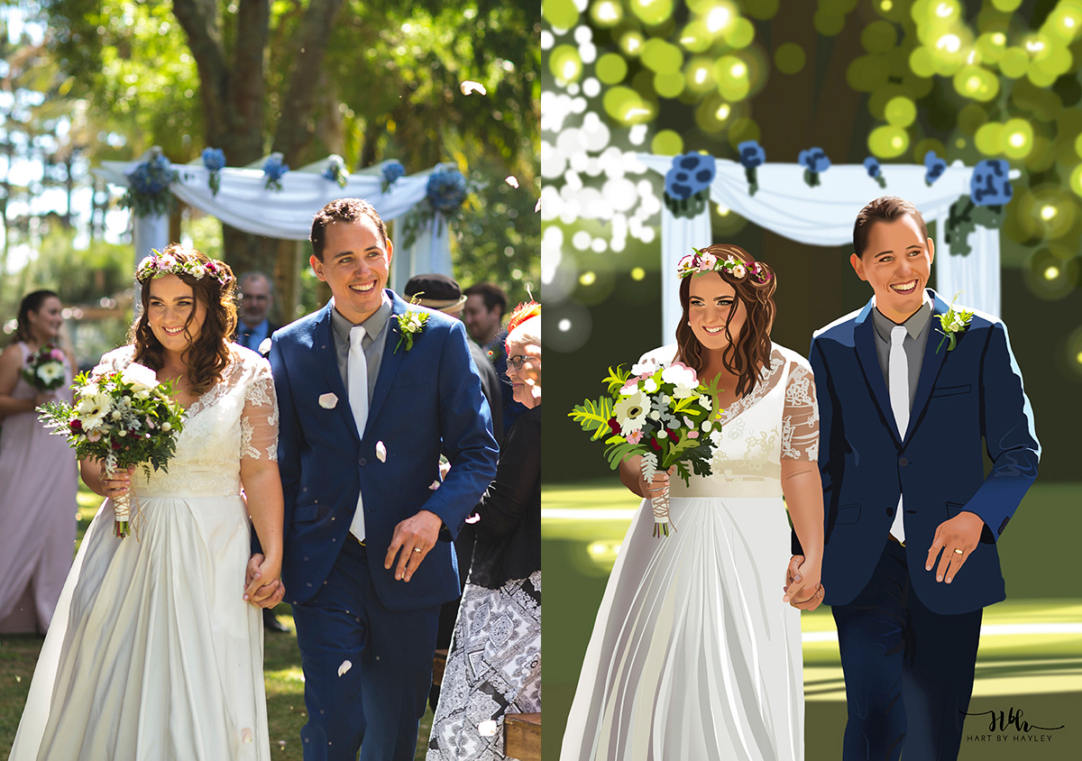 Photo realistic wedding digital illustration before and after
