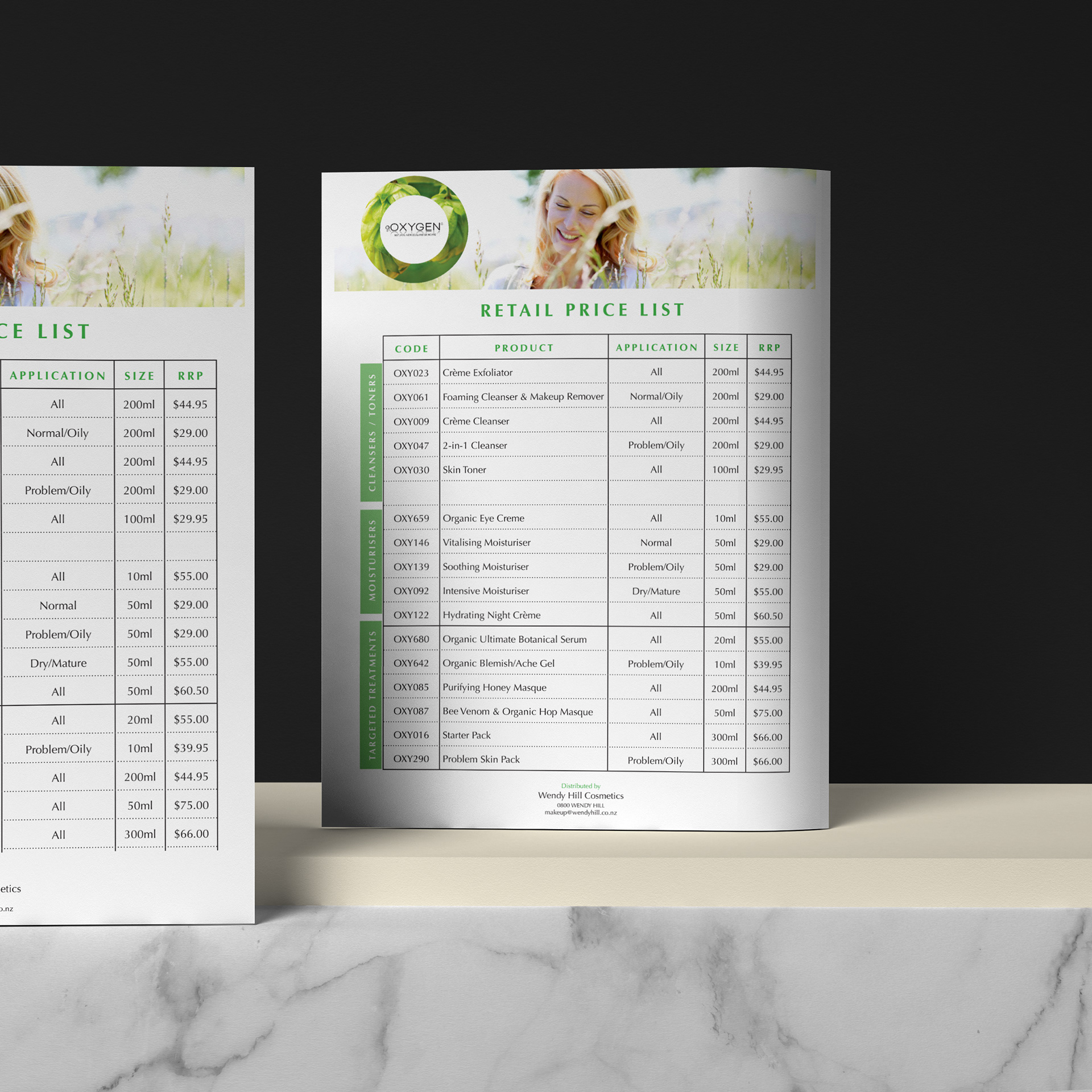 Oxygen price list for Wendy Hill Cosmetics