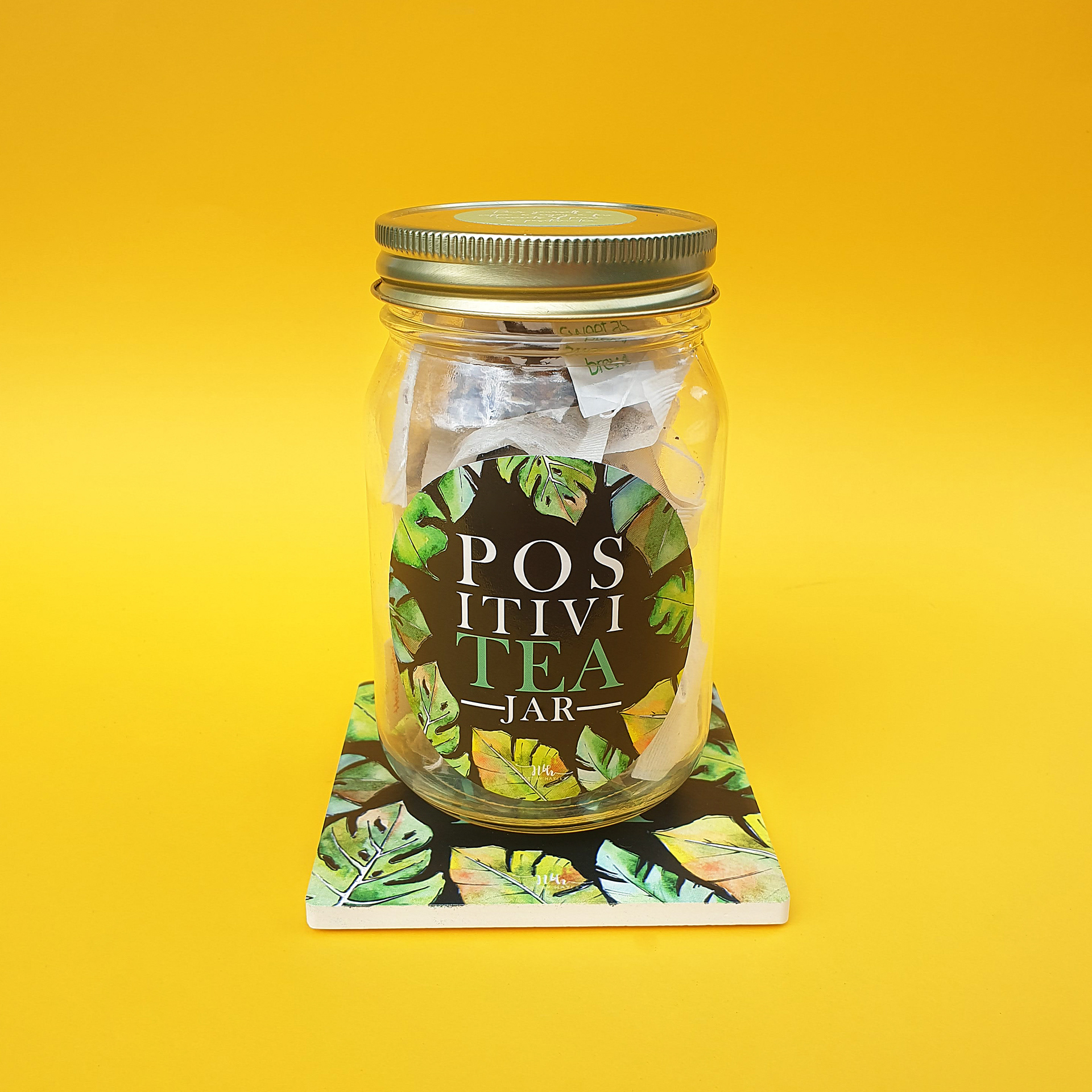 PositiviTEA jar with coaster