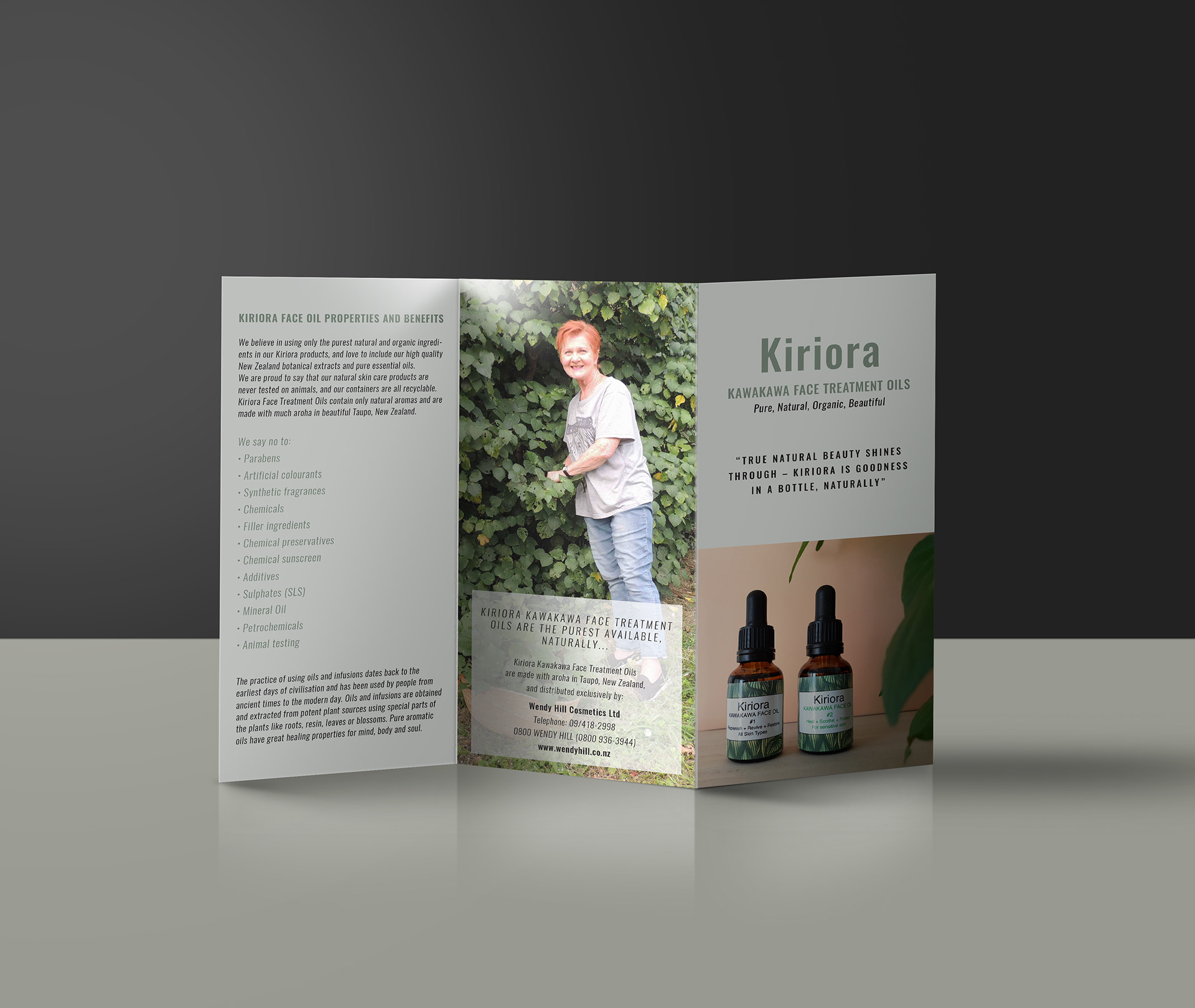 Tri-fold brochure design for Kiriora/Wendy Hill Cosmetics