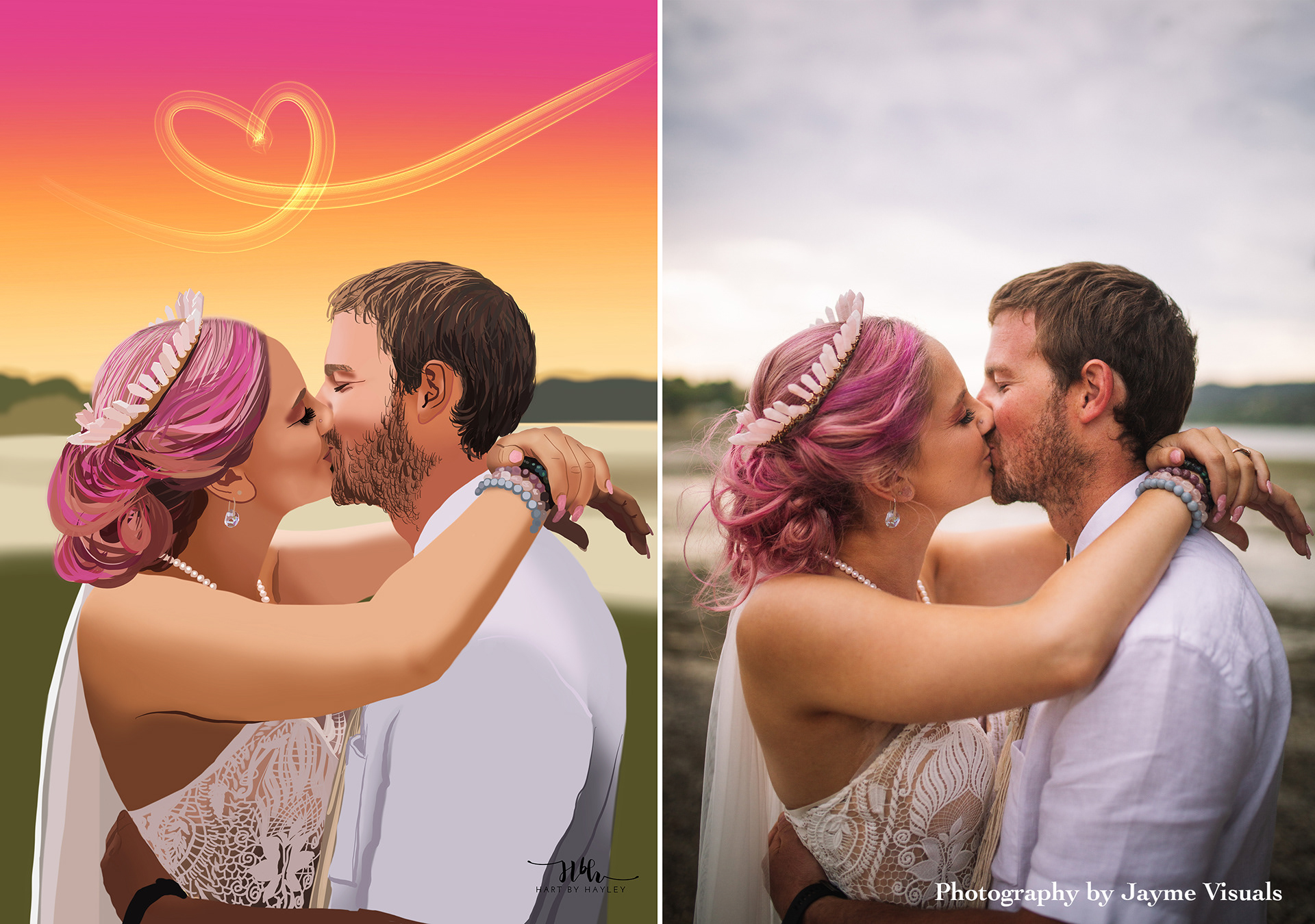Photo realistic wedding digital illustration before and after