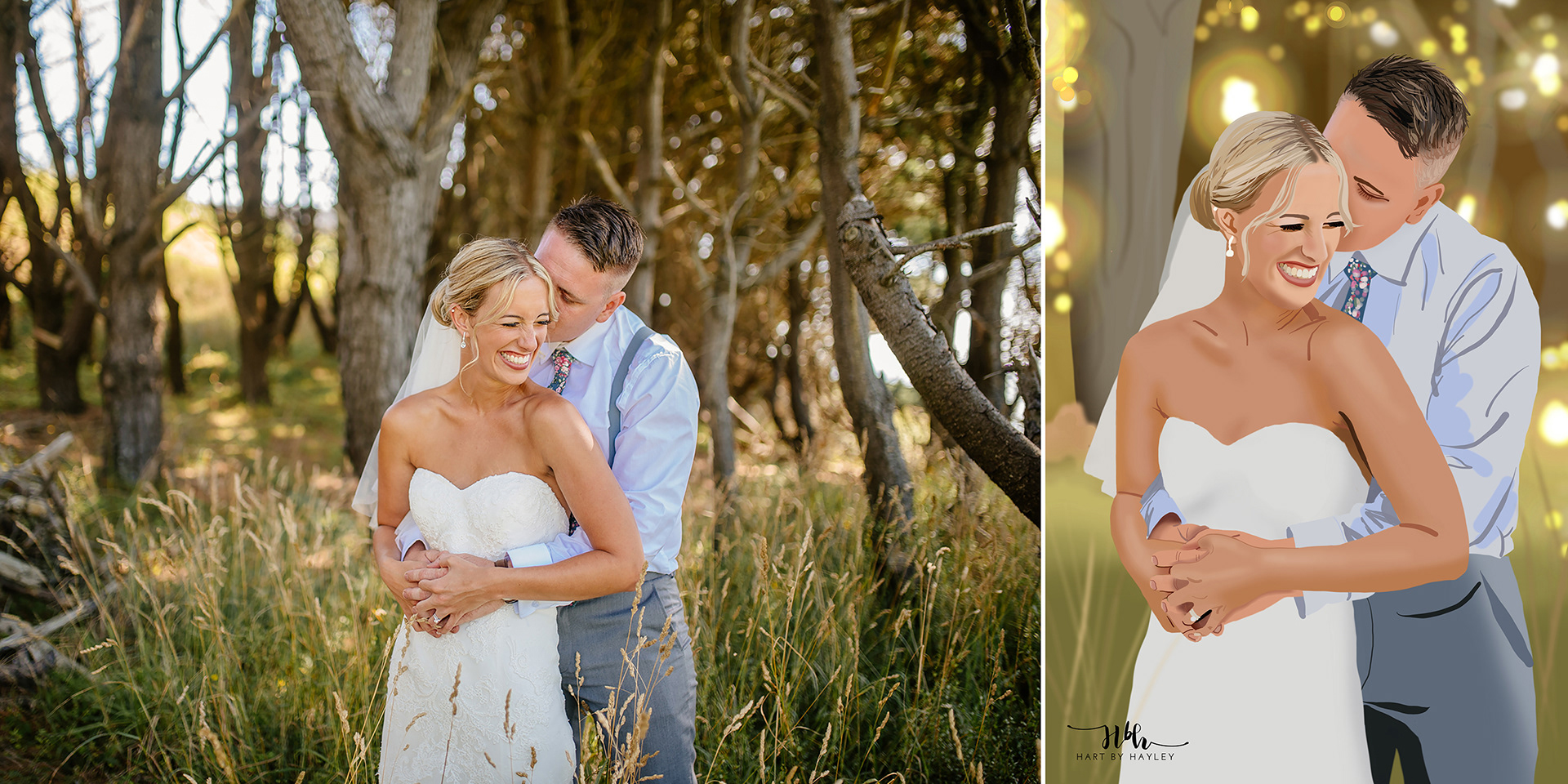Photo realistic wedding digital illustration before and after