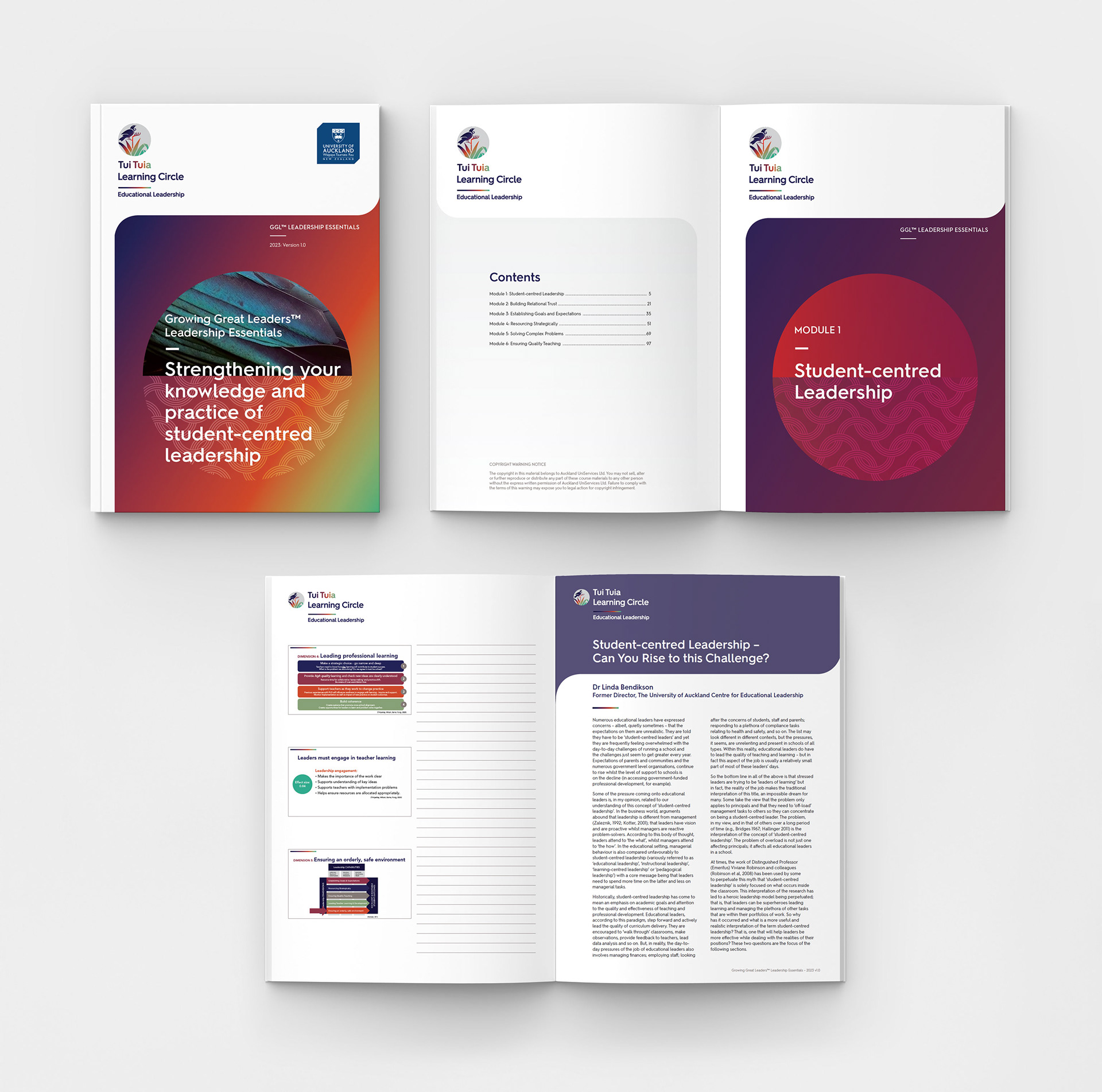 Image of cover and spreads of the TUI TUIA | LEARNING CIRCLE | EDUCATIONAL LEADERSHIP • LEADERSHIP ESSENTIALS WORKBOOK