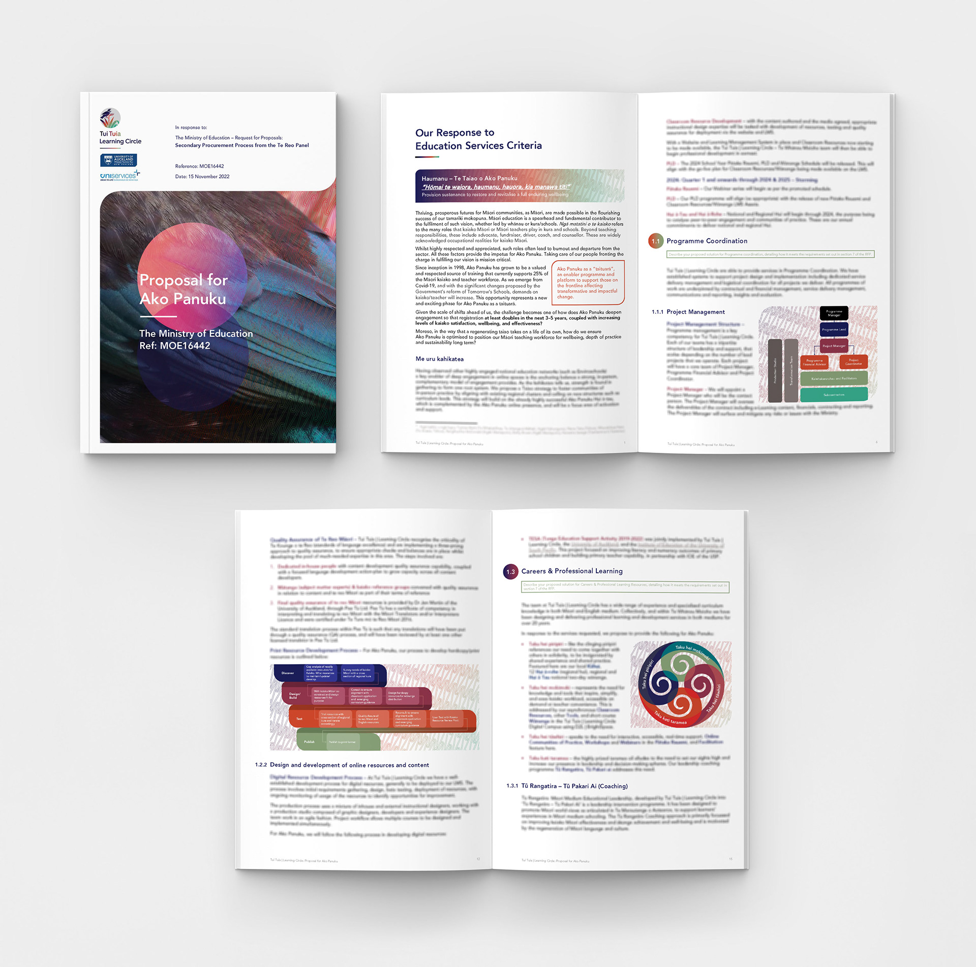 Image of cover and spreads of the TUI TUIA | LEARNING CIRCLE | TE WHᾹNUA MAIOHA • PROPOSAL RESPONSE FOR AKO PANUKU
