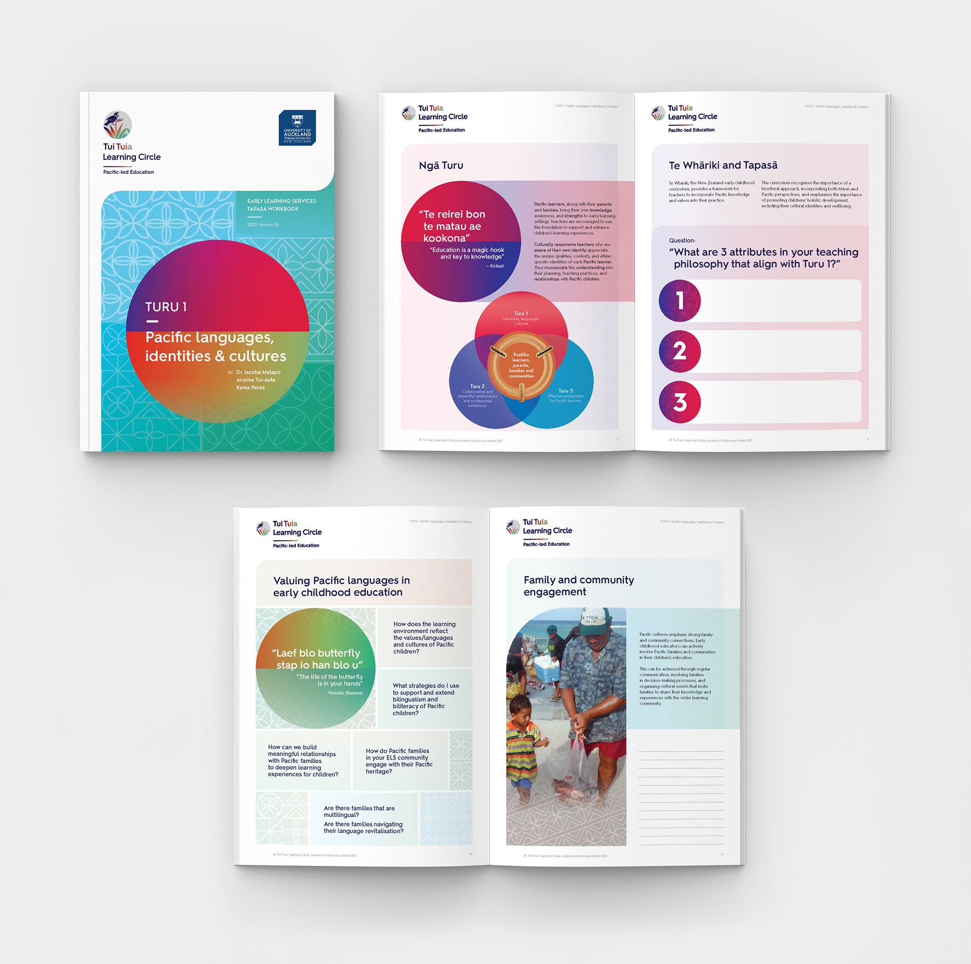 Image of cover and spreads of the TUI TUIA | LEARNING CIRCLE | PACIFIC-LED EDUCATION • TAPASᾹ EARLY LEARNING SERVICES WORKBOOK
