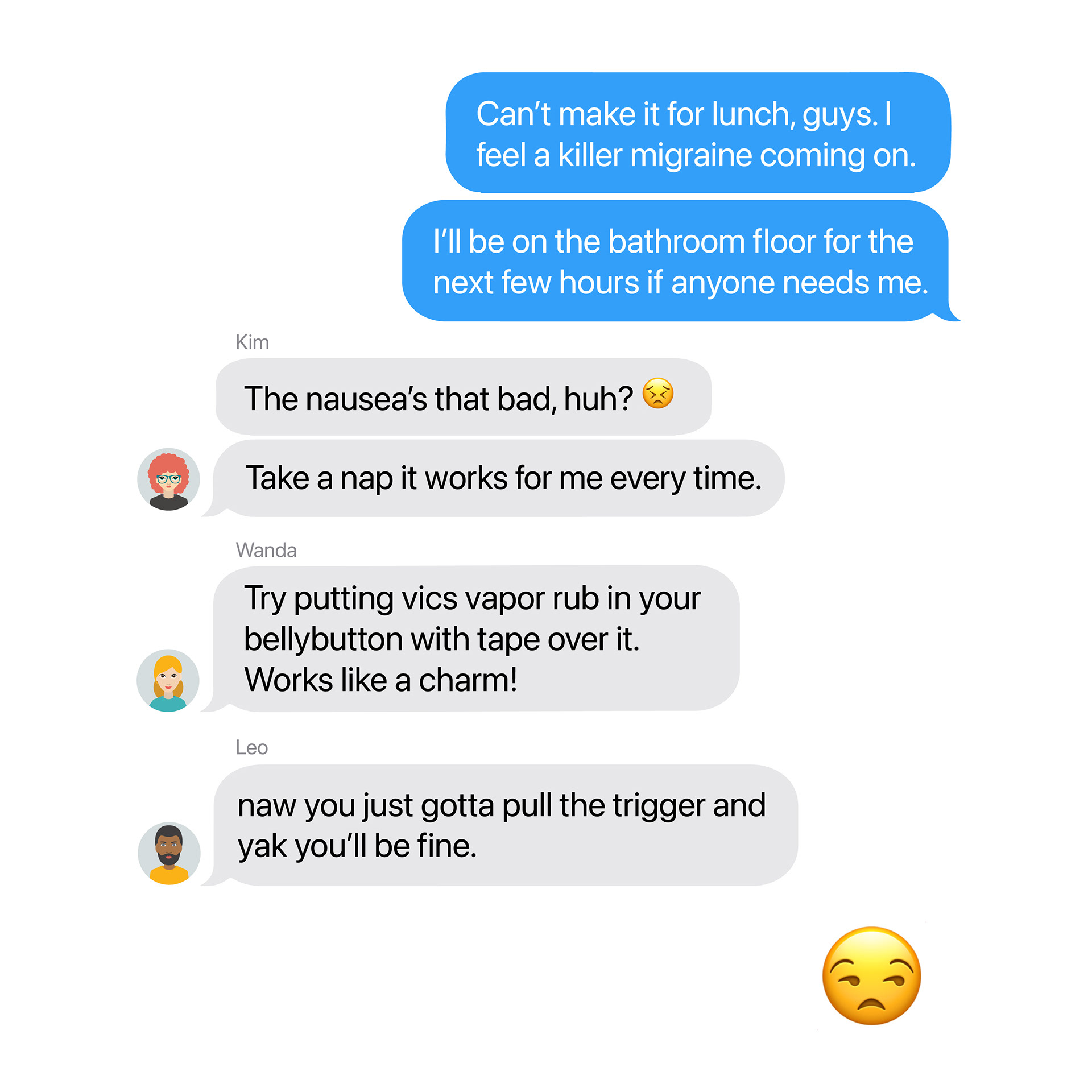 Mock text conversation created from real comments by Reliefband customers.
