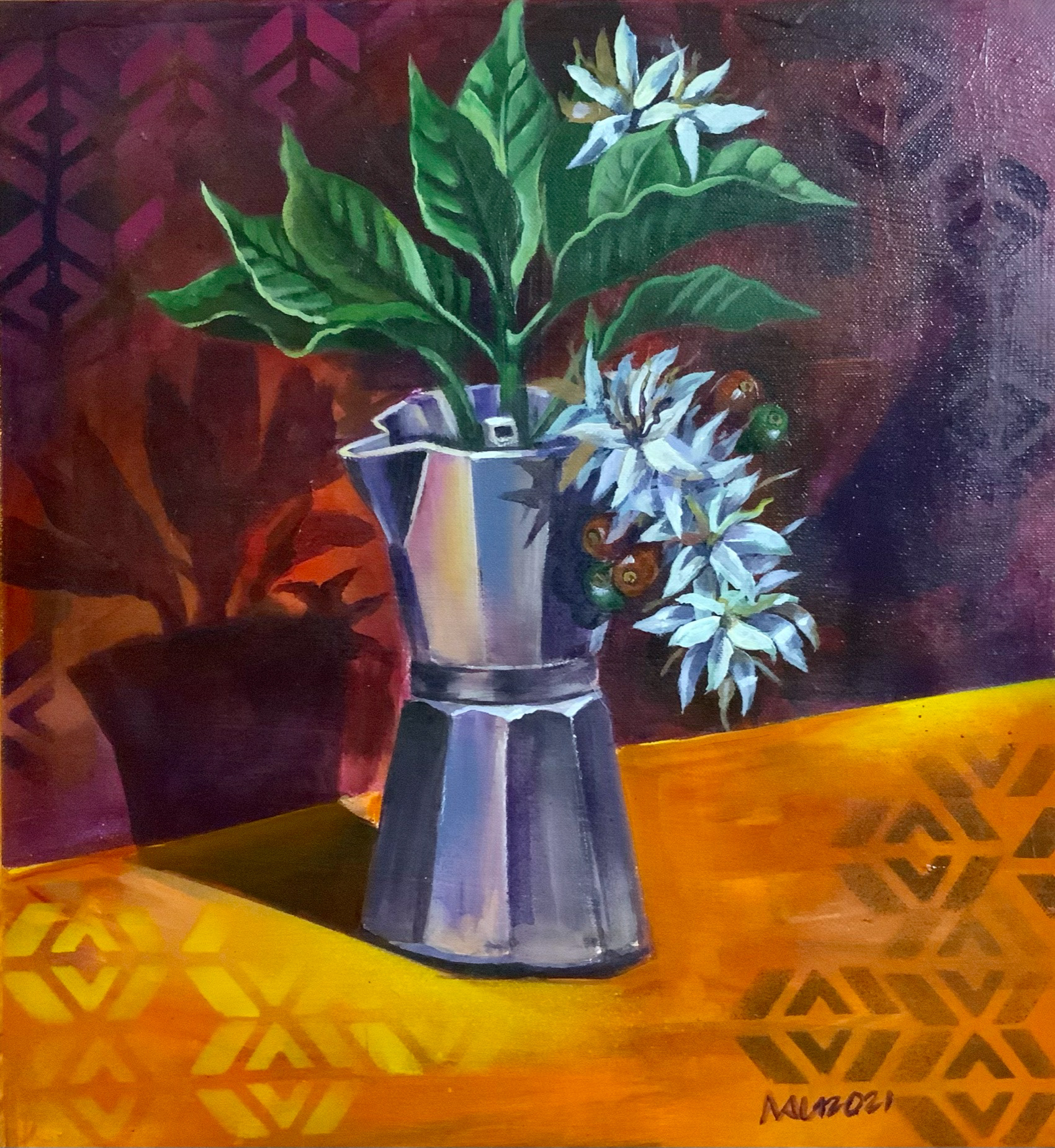 Titulo: "Oda a La Flor del Café". Acrílico sobre lienzo 40cm X 40cm