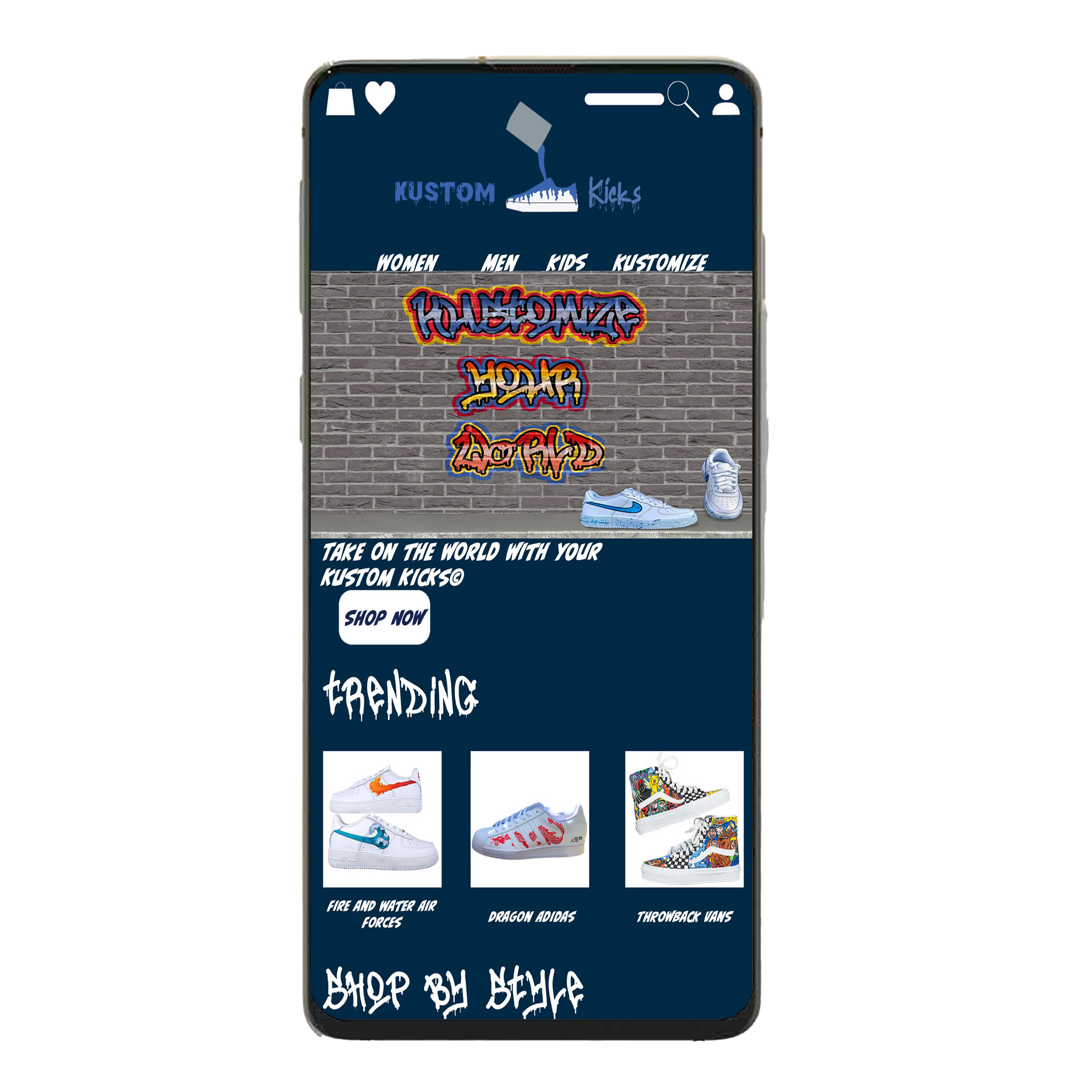 Mockup of Kustom Kicks mobile app