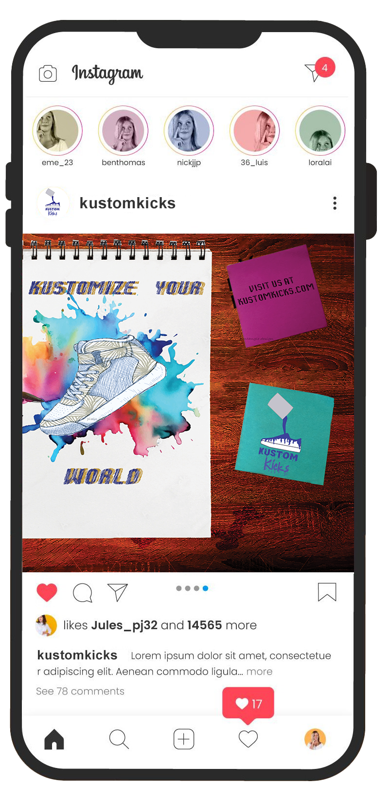 Mockup of a post on Kustom Kicks' Instagram.