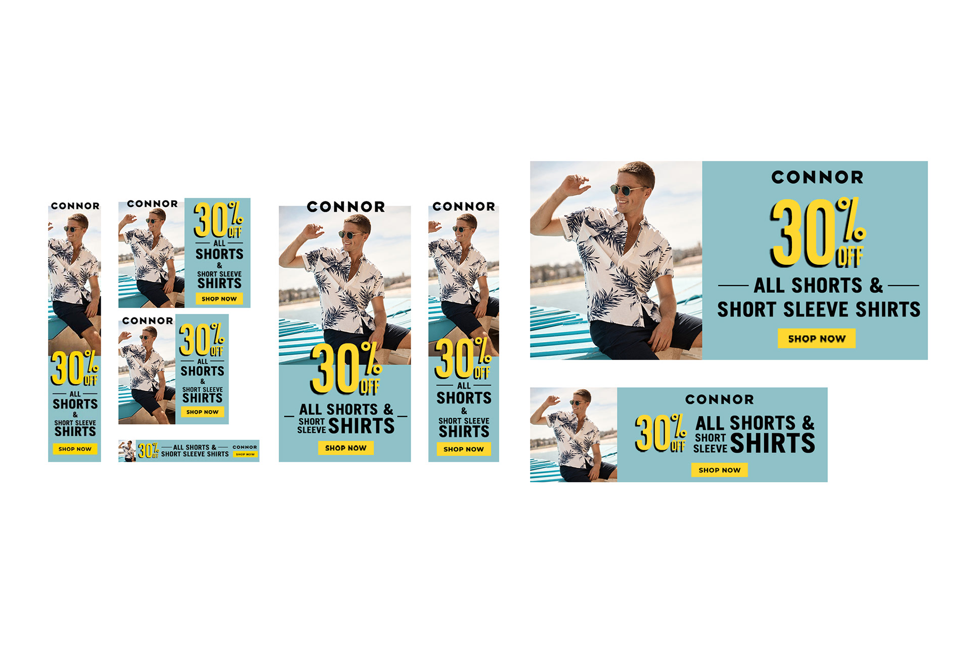 A set of sale focused ad creatives for facebook, instagram, website and google ads to achieve - New user engagement, clicks to site, sale participation.  The design focuses on the 30% OFF as the hero message, and product category as secondary.