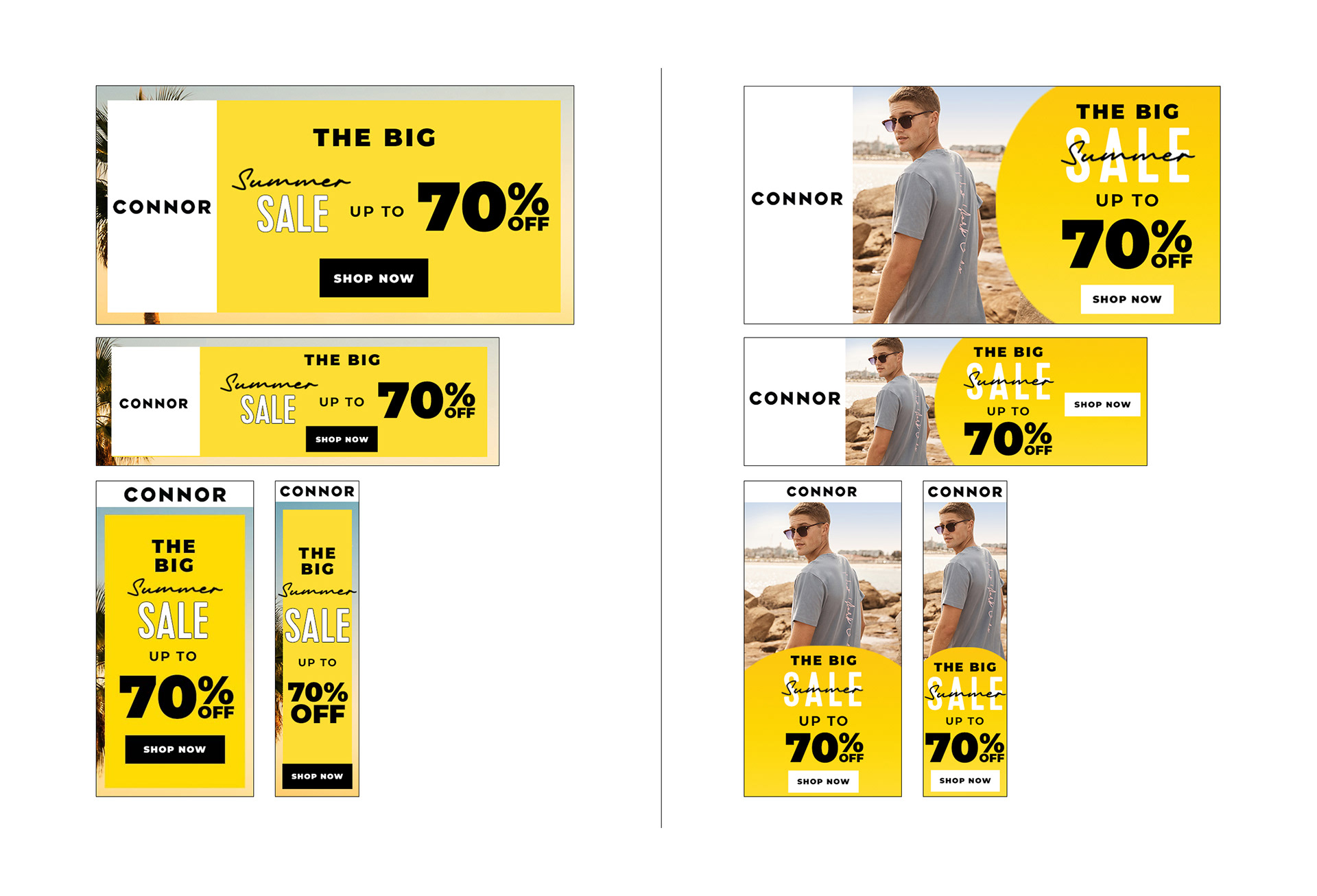 Set of summer sale creatives designed as two A/B variants, where the image style is the main variable. Everything else (copy, offer) stays as consistent as possible so you can isolate the impact of imagery on engagement across Instagram, Facebook, Google Ads, and landing pages.