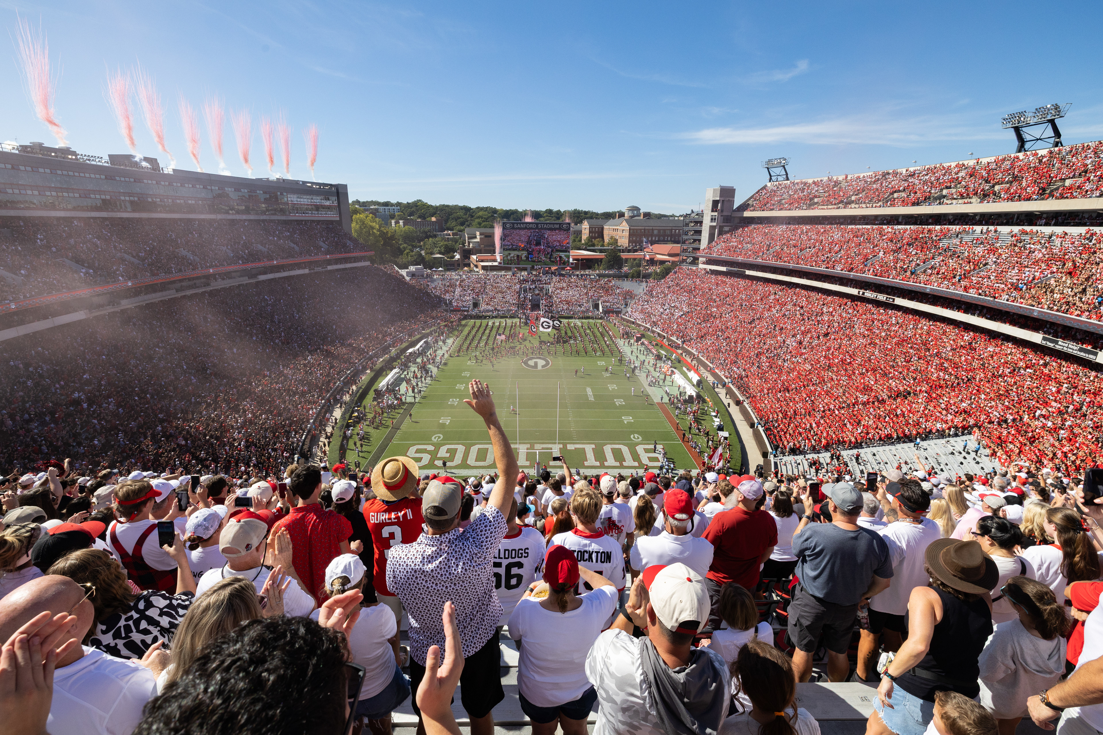 Georgia players run onto the field before a football game against Oklahoma in Sanford Stadium in Athens, Georgia, on Saturday, Sept. 26, 2026. Georgia won 41-13. (Photo/Evan Frilingos)