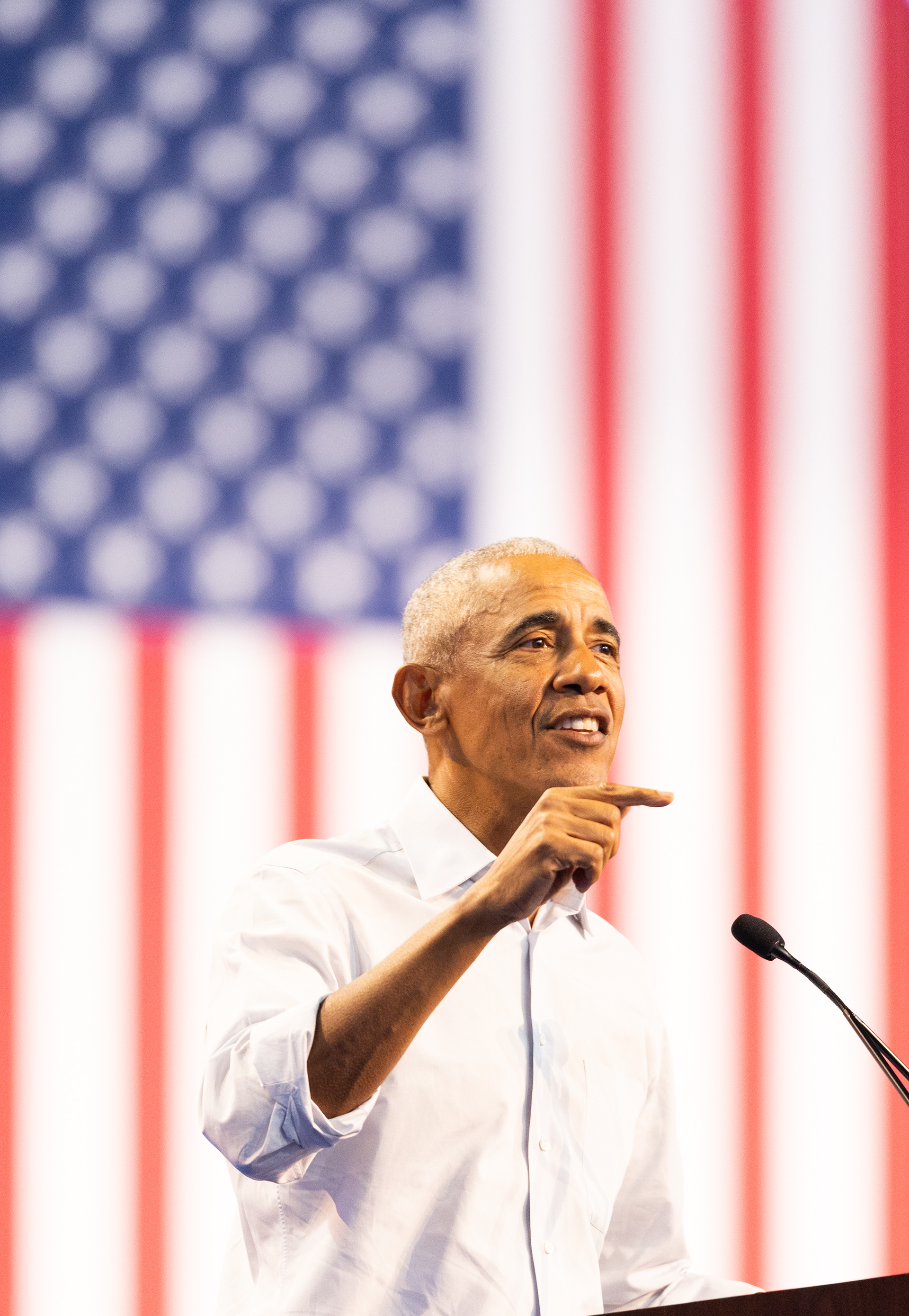 Former President Barack Obama speaks at a campaign rally for U.S. Sen. Jon Ossoff and Democratic gubernatorial nominee Keisha Lance Bottoms at The Arena at Southlake in Morrow, Georgia, on Wednesday, Oct. 28, 2026. “I don’t know about you, but I am tired of being angry,” Obama said. “I’m tired of being divided. I want friendship, and neighborliness, and joy and generosity. I want everybody rolling up their sleeves in the common enterprise of rebuilding America … so I’m asking you right now, ‘are you fired up? Are you ready to go?’” (Photo/Evan Frilingos)