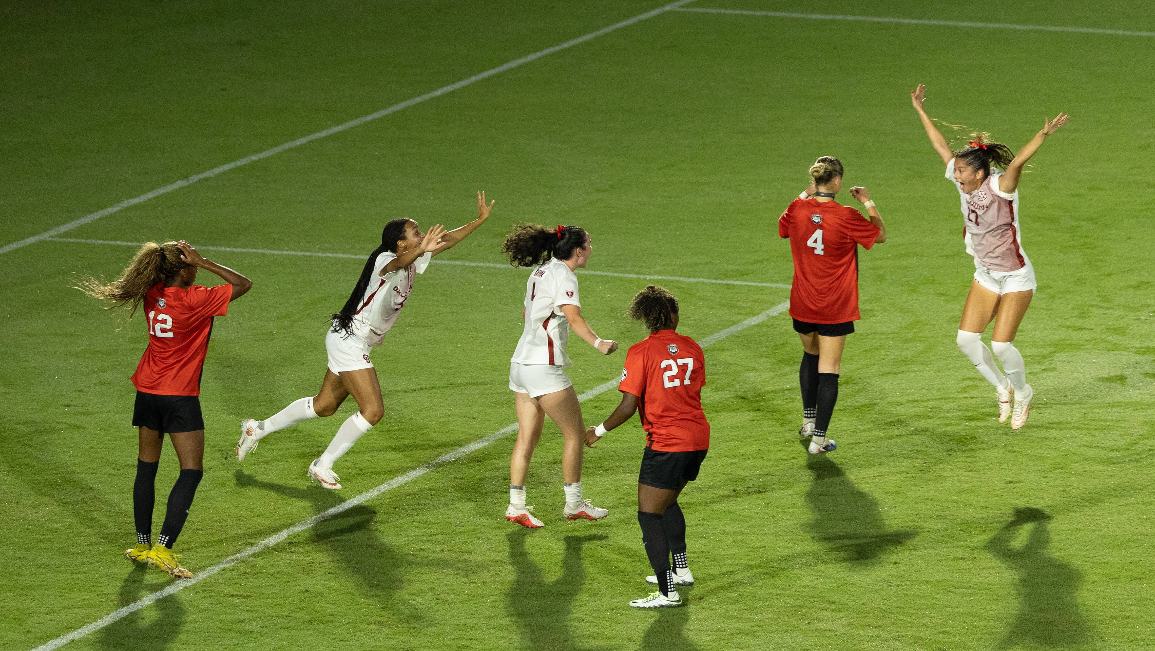 Oklahoma celebrates a goal during the match between Georgia and Oklahoma at Turner Soccer Complex in Athens, Georgia, on Friday, Sept. 18, 2026. Georgia lost 3-1. (Photo/Evan Frilingos)