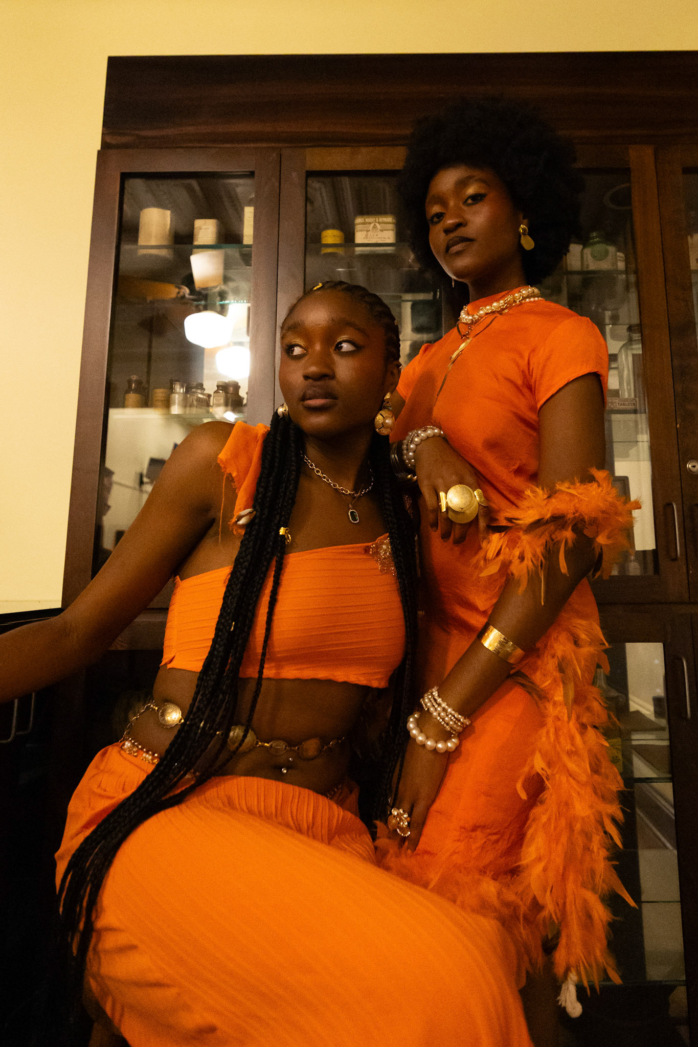 Twins Taiwo Opaaje, left, and Kehinde Opaaje pose for a photo at the University of Georgia Fashion Design Student Association’s “Hollywood Showgirl: All Eyes on Us, All Eyes on You” fall runway show at Morton Theatre in Athens, Georgia on Saturday, Nov. 8, 2025. UGA students designed, modeled and put together all of the outfits. (Photo/Evan Frilingos; @frilingos.photos)
