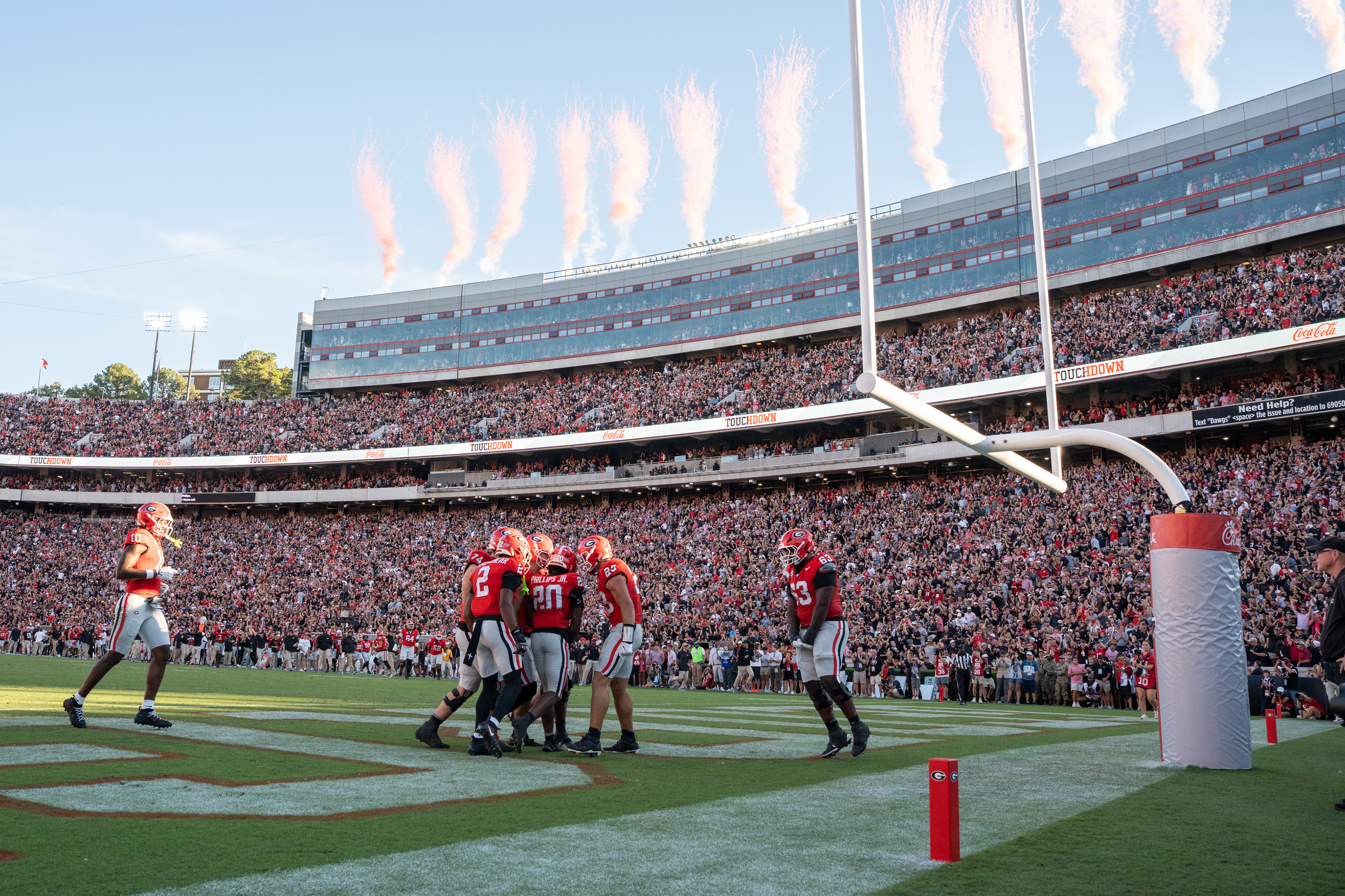 Georgia players celebrate a touchdown during the second half of a football game against Oklahoma in Sanford Stadium in Athens, Georgia, on Saturday, Sept. 26, 2026. Georgia won 41-13. (Photo/Evan Frilingos)