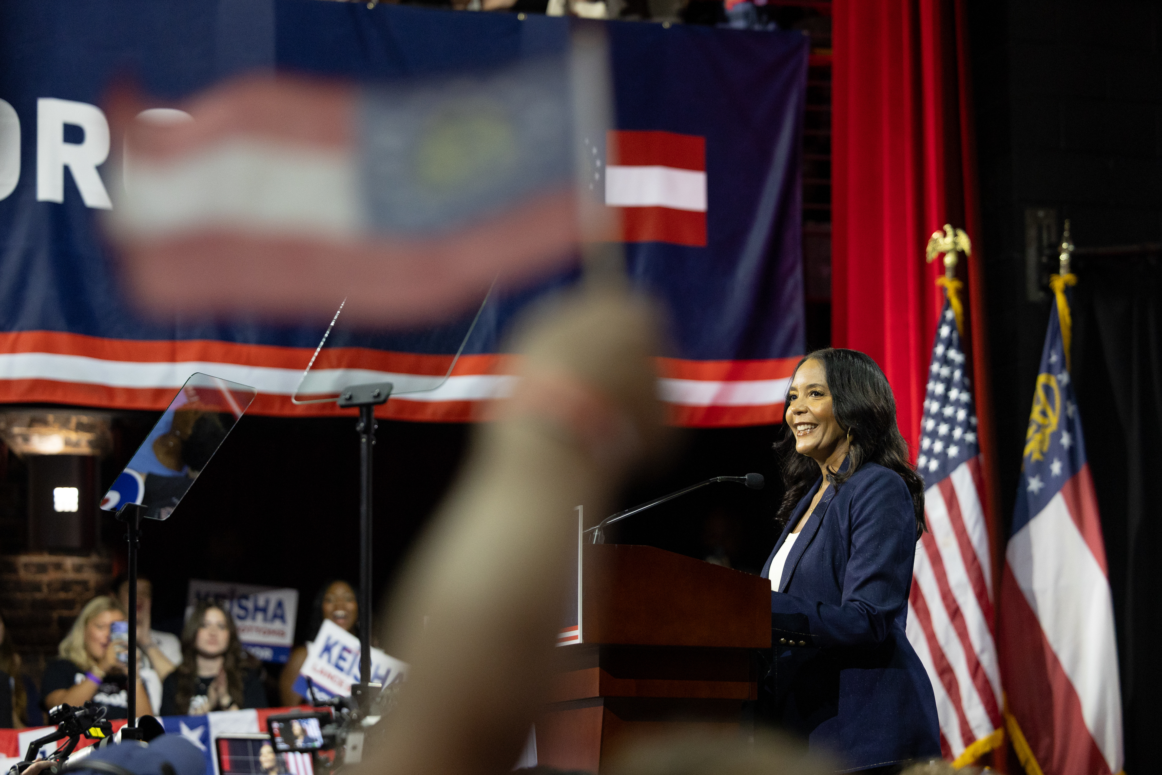 Democratic gubernatorial nominee Keisha Lance Bottoms speaks during a joint rally with U.S. Sen. Jon Ossoff at the Georgia Theatre in Athens, Georgia on Sunday, Sept. 13, 2026. Ossoff is seeking reelection against Mike Collins and Bottoms is running against Rick Jackson in the upcoming November election. (Photo/Evan Frilingos)