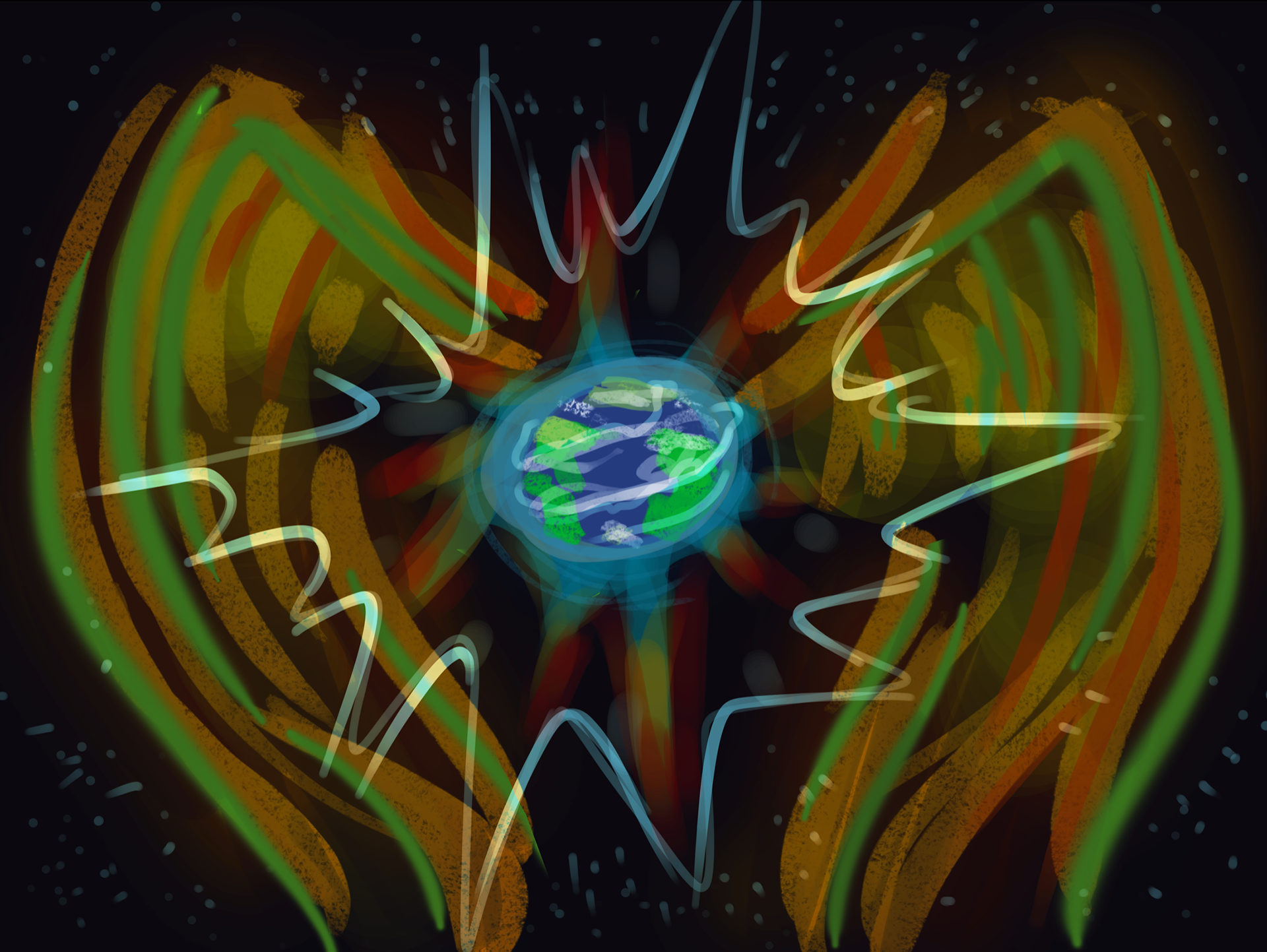The initial idea for the rebirth poster was to have the earth shed all its waste into the universe, coming out clean. The imagery was meant to be reminiscent of a phoenix. This version of the idea felt very sci-fi though, and not as human centered as I wanted it to be.