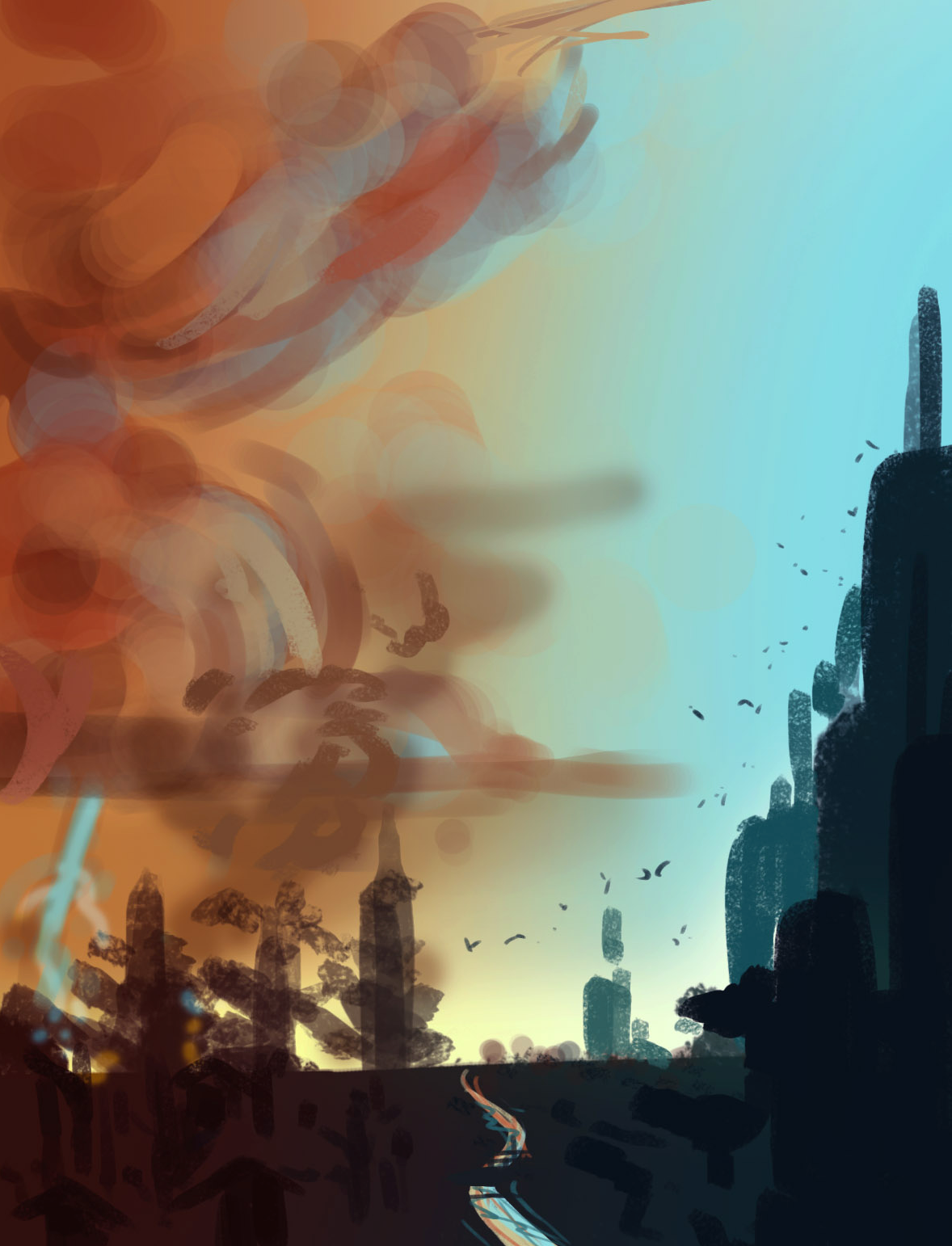 The Overpopulation and weather idea was going to be vertical, to highlight the height of the approaching storm. But in order to capture the people and the city at a better scale, I decided to make it horizontal
