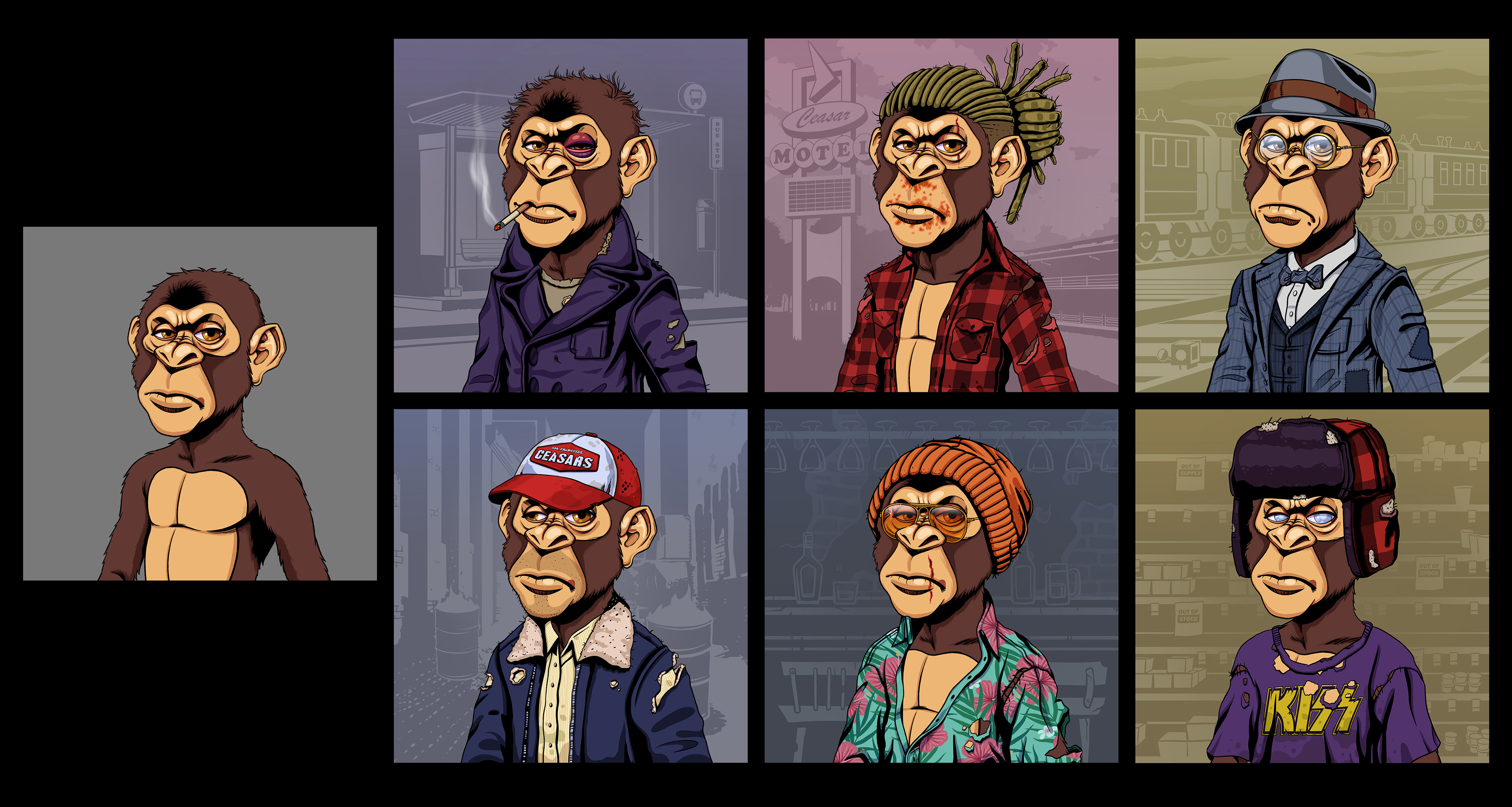 "Poor Apes" NFT collection. 2D Character Design and traits created in Photoshop.