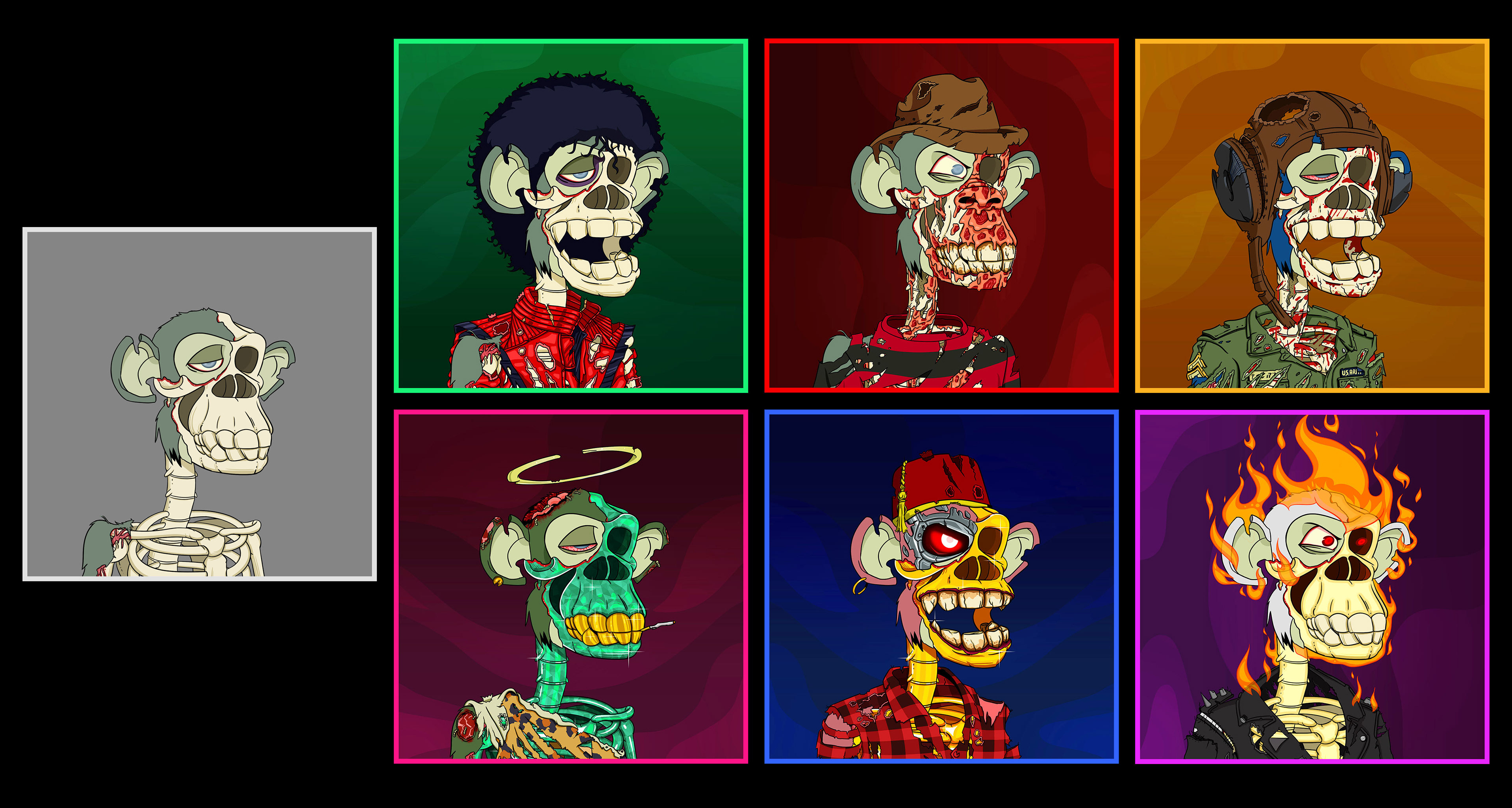 "Undead Apes Society" NFT collection. 2D Character Design and traits created in Photoshop.