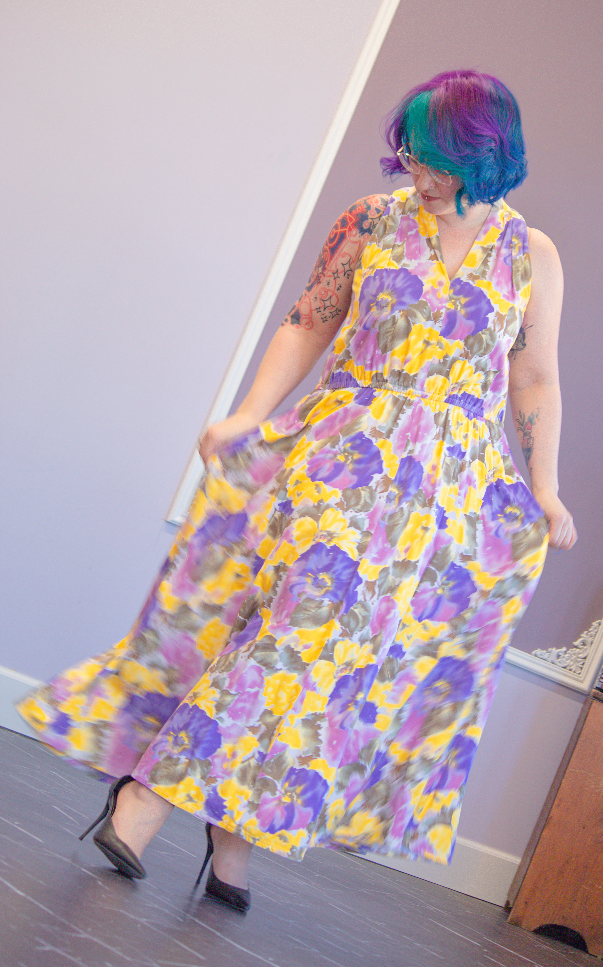 Theresa Nicole Haljean springing about in her spring dress
