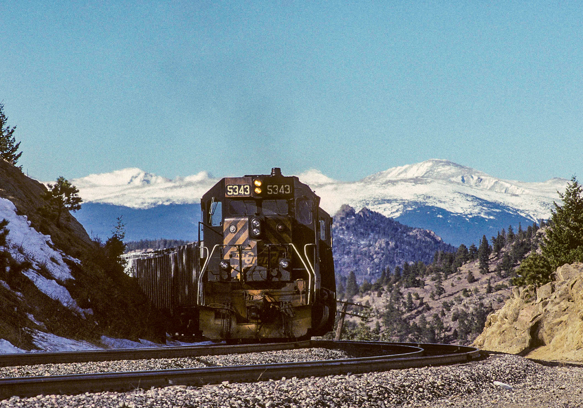 Southern Pacific RR (D&RGW), Denver Div., Sub. 1-A (Moffat Line), Crescent siding (MP 31.2) 4 December 1993 W/b freight pushers, 12:15pm