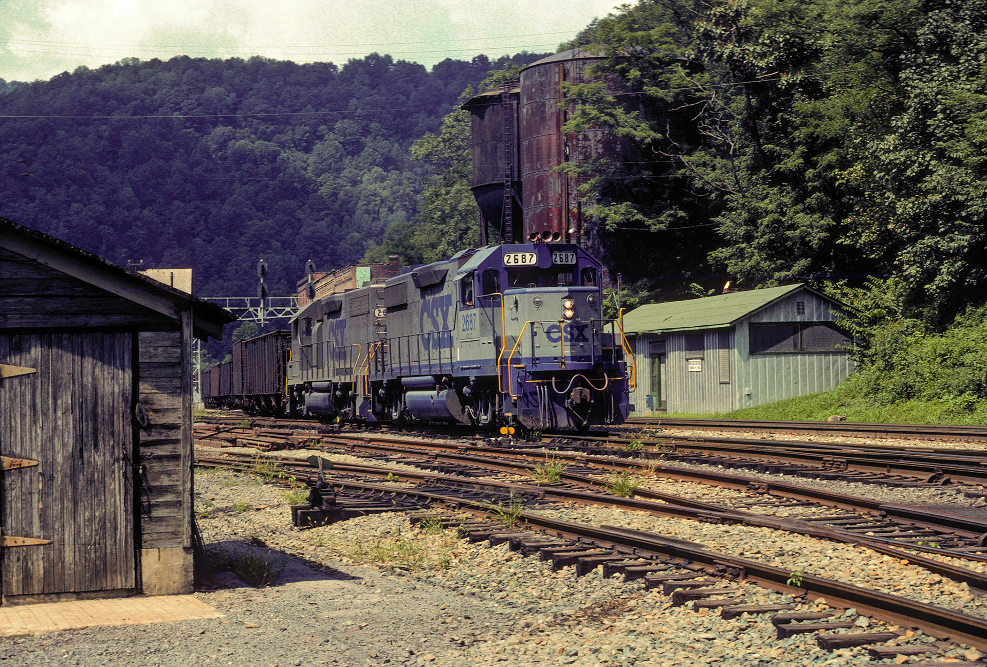 CSX (C&O), New River Subdivision; 2 Sept. 1989; Thurmond, WV; train is backing into Thurmond from Prince, then will work Loup Creek Branch
