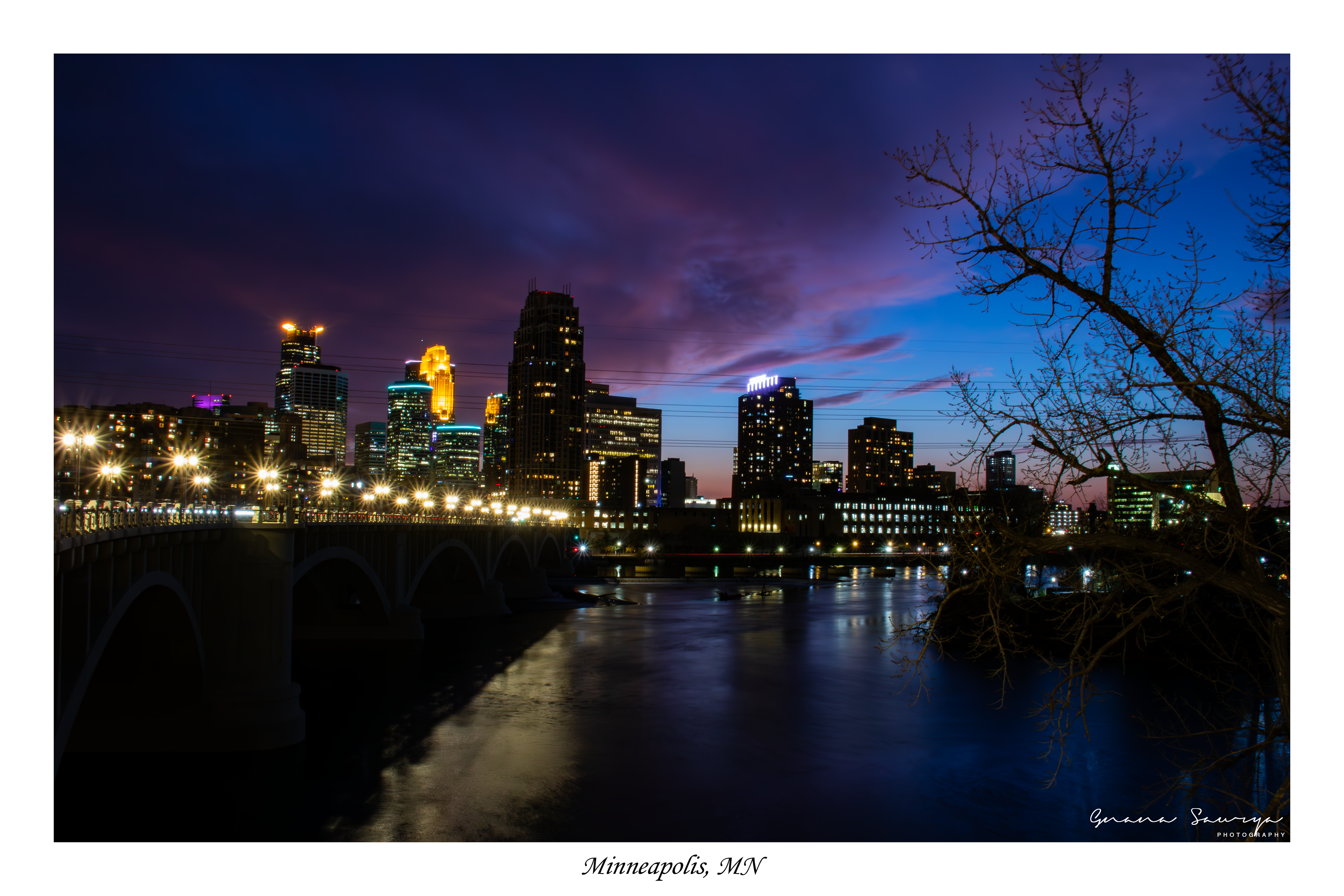 Blue Hour Minneapolis skyline from the newly opened Third Avenue Bridge
