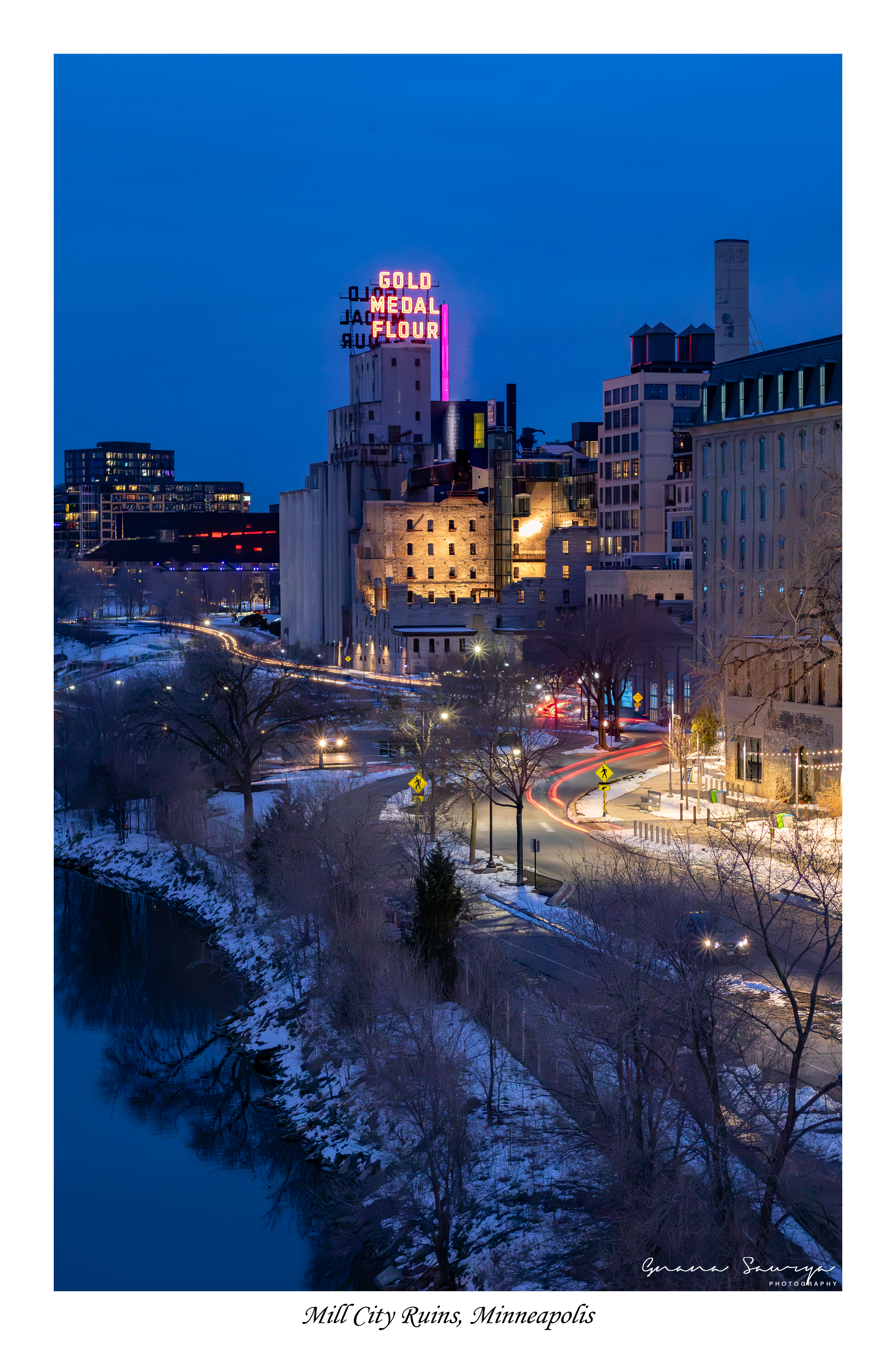 Mill City Ruins and traffic light trails along the Great River Road in the heart of downtown Minneapolis