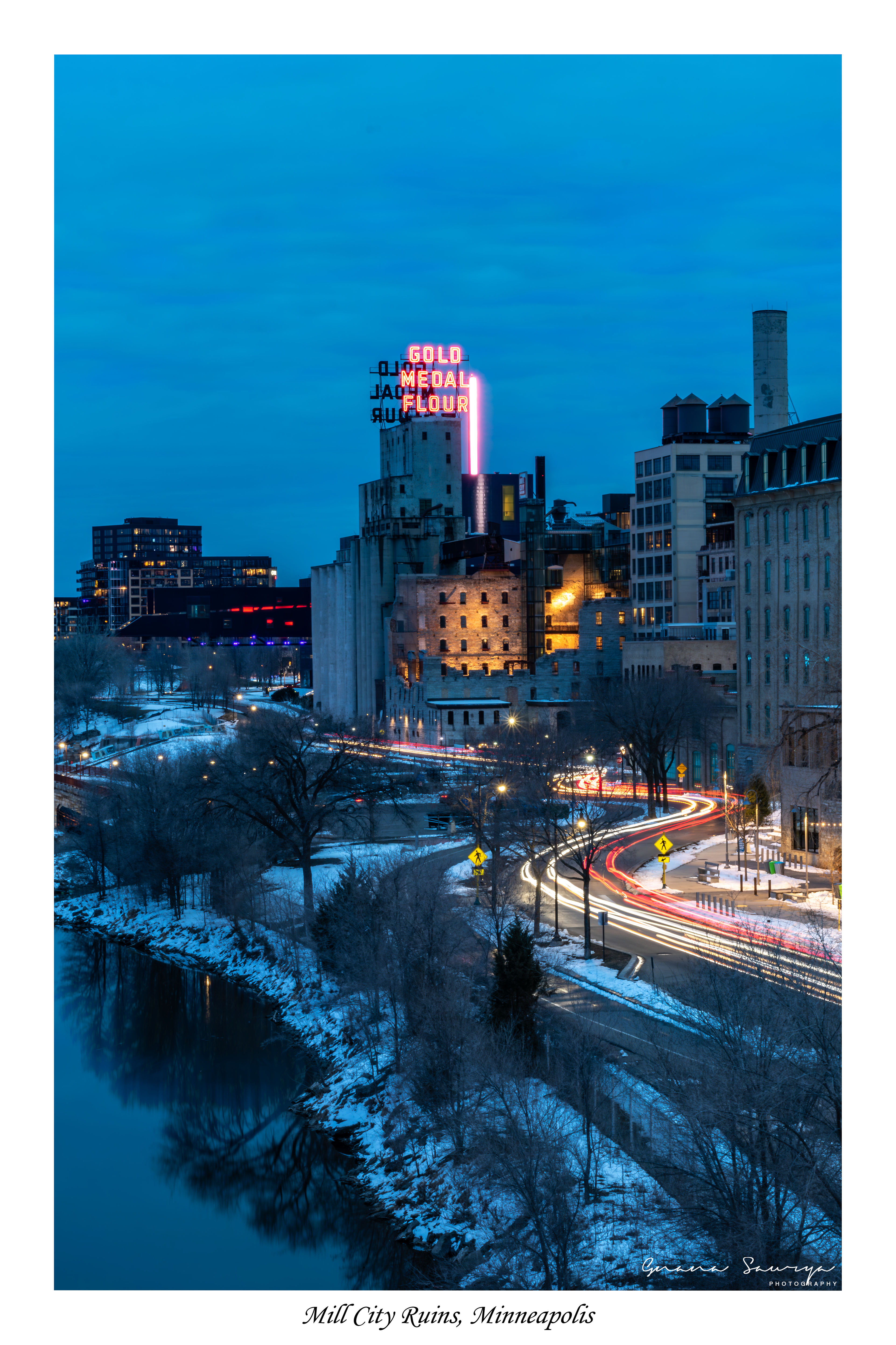 Mill City Ruins and traffic light trails along the Great River Road in the heart of downtown Minneapolis