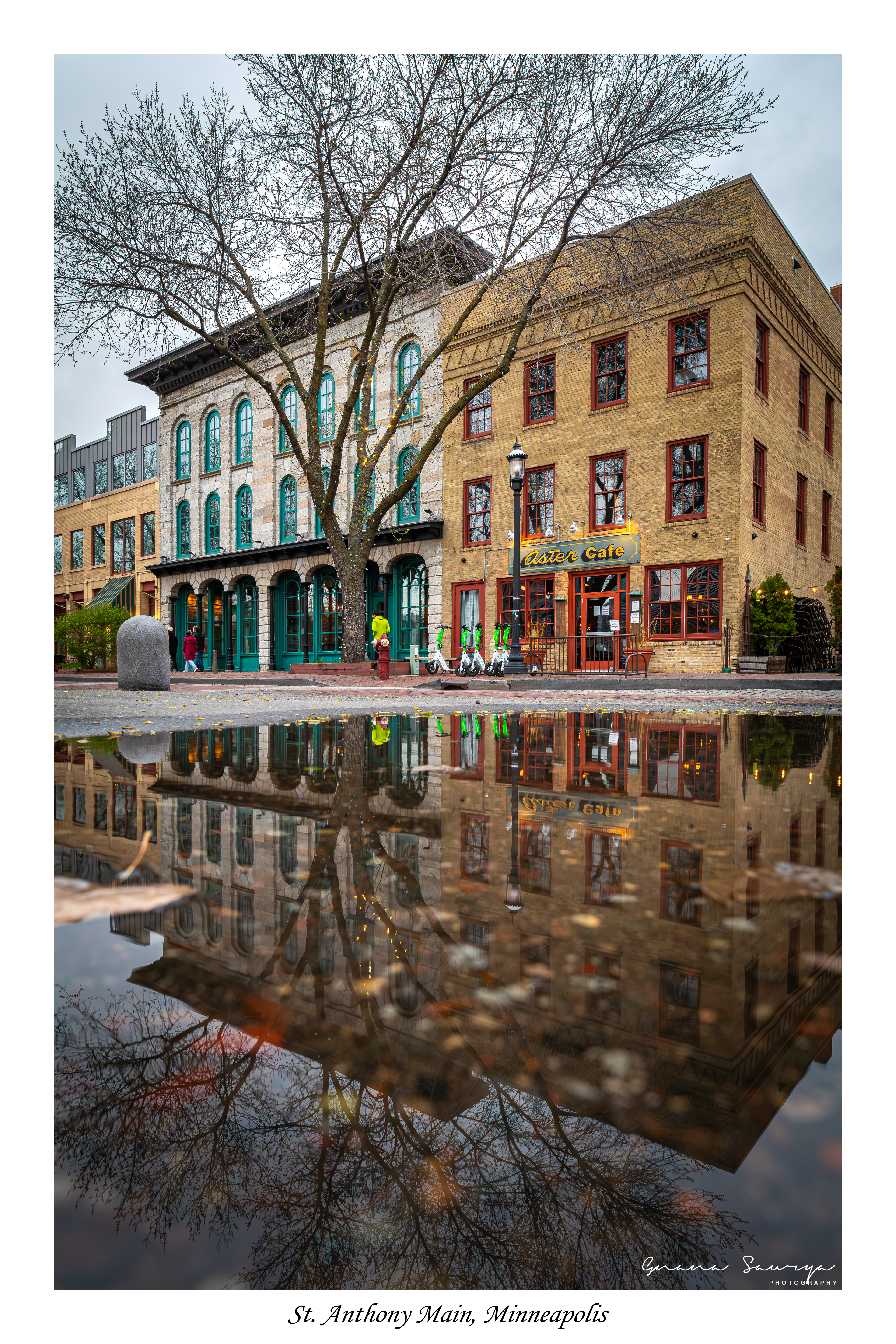 Reflections on a rainy day, Main St., St. Anthony Main, Minneapolis