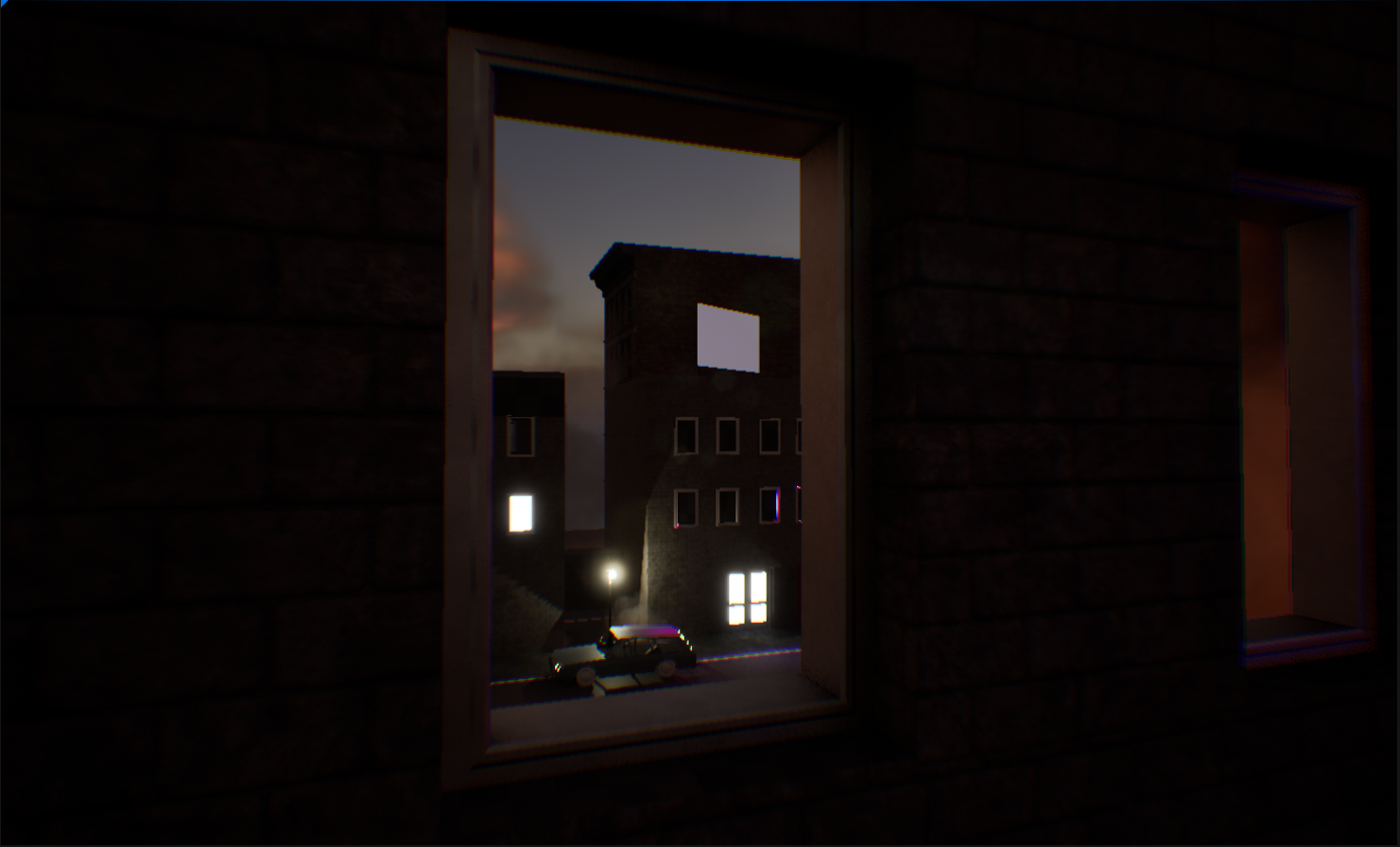 Inside of a building looking out the window.