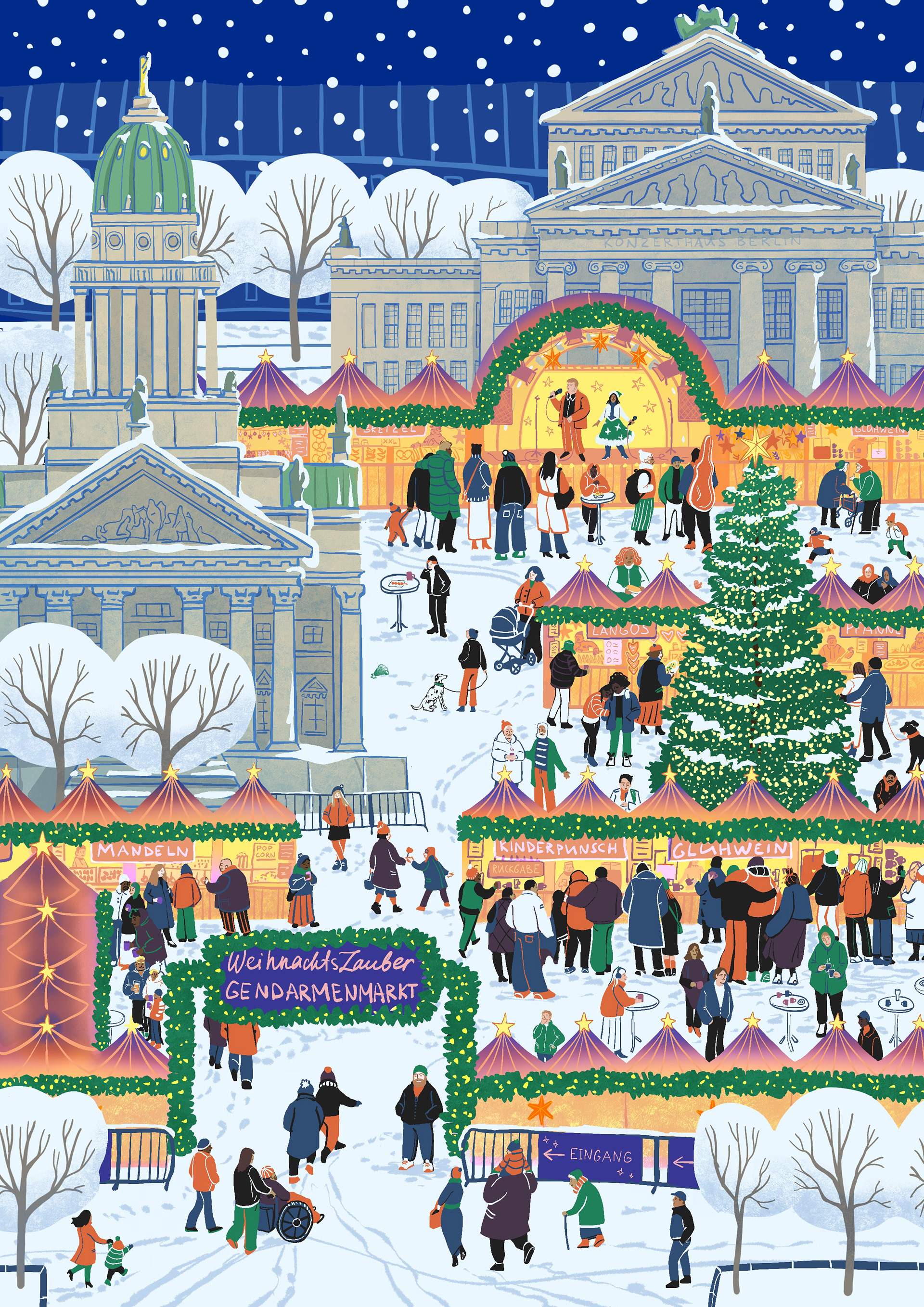 Christmas market on Gendarmenmarkt in Berlin - wimmelbook style illustration