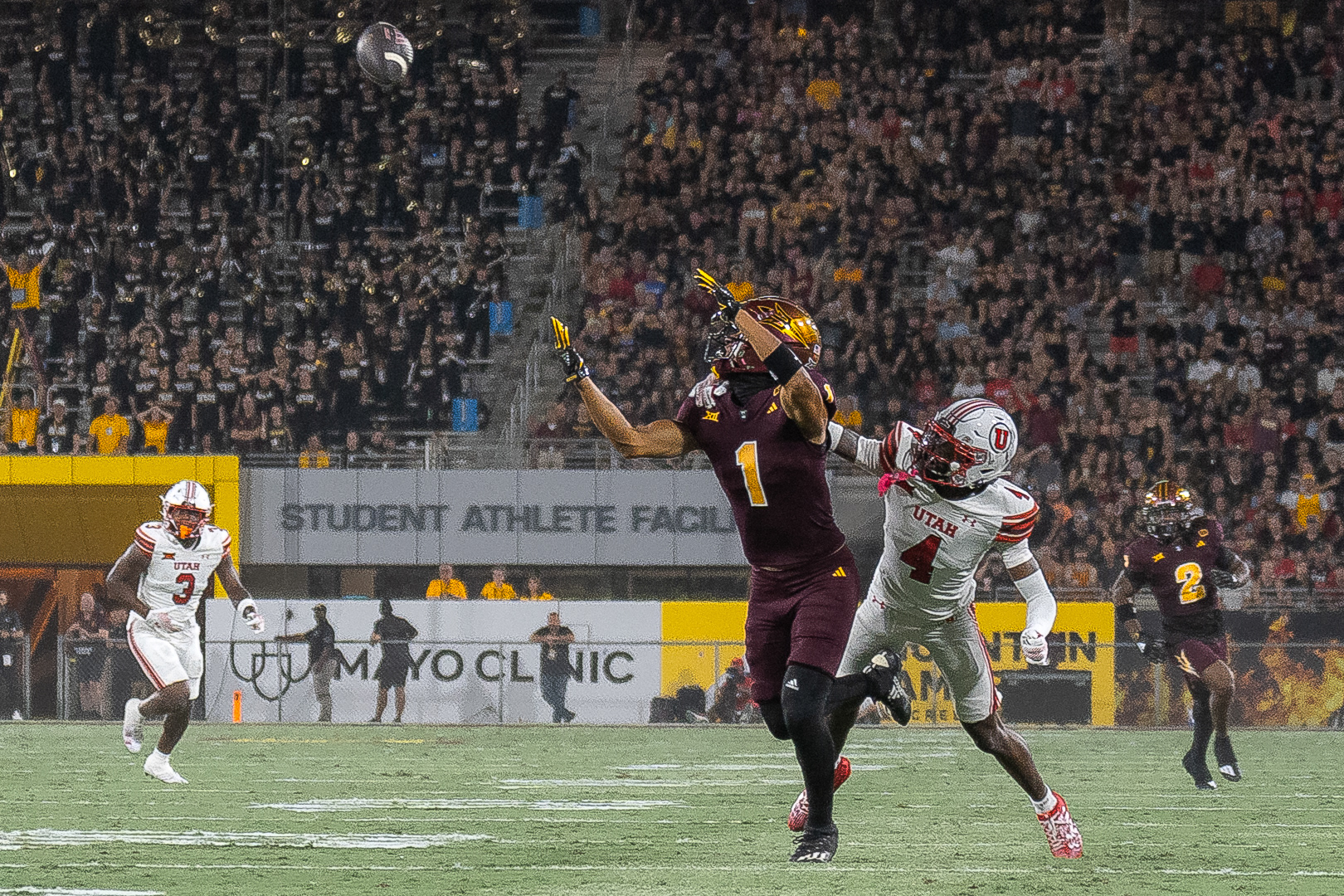 Xavier Guillory, Arizona State University wide receiver, extends his arms to make a catch against Utah at Mountain America Stadium on Friday, October 11, 2024 in Tempe, Arizona. 