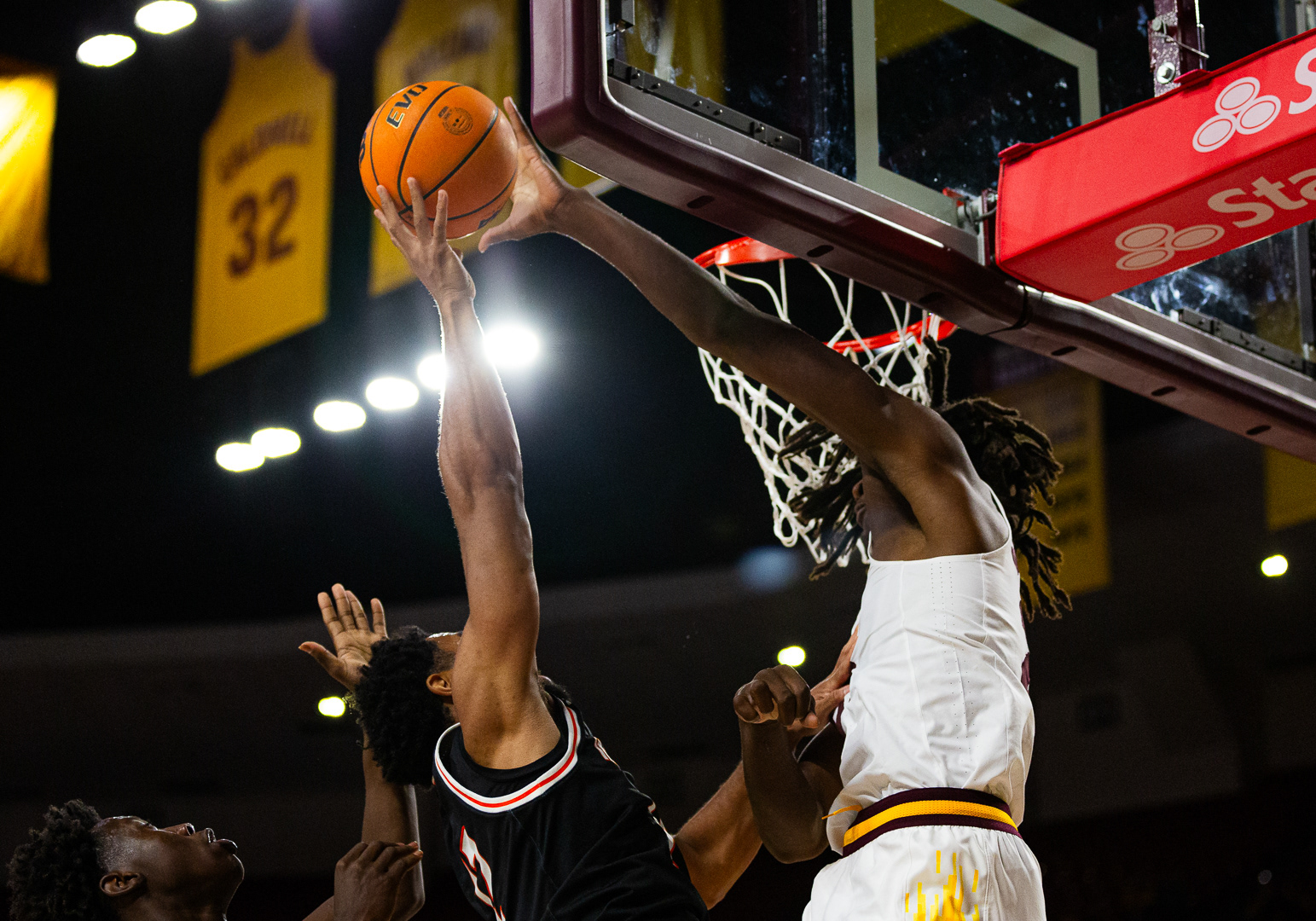 Jayden Quaintance, Arizona State University star freshman, blocks the ball during a game against Idaho State at Desert Financial Arena on Tuesday, November 5, 2024 in Tempe, Arizona.
