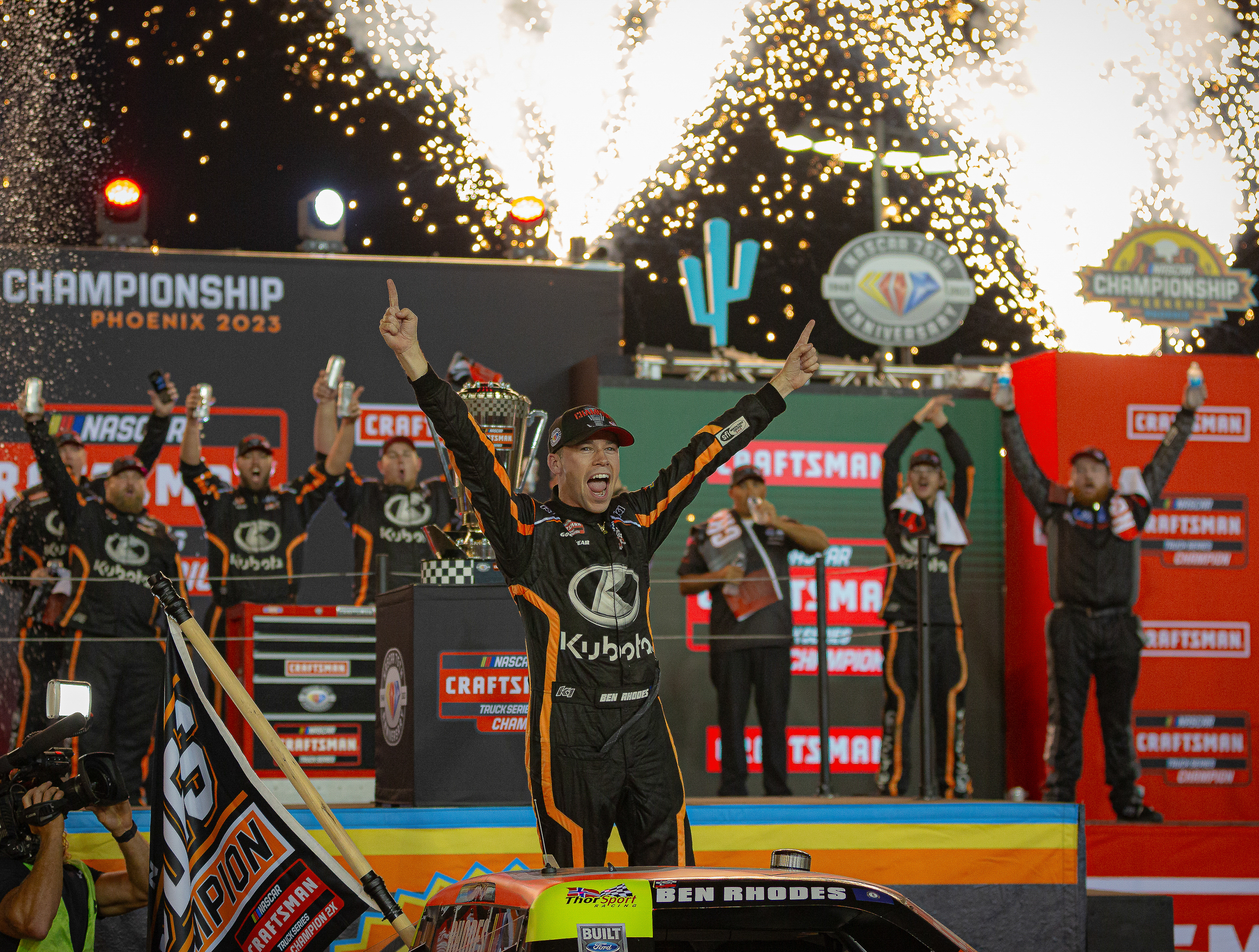 Ben Rhodes, NASCAR Craftsman Truck Series driver, celebrates winning the 2023 Truck Series Championship at Phoenix Raceway on Friday, November 3, 2023 in Avondale, Arizona.