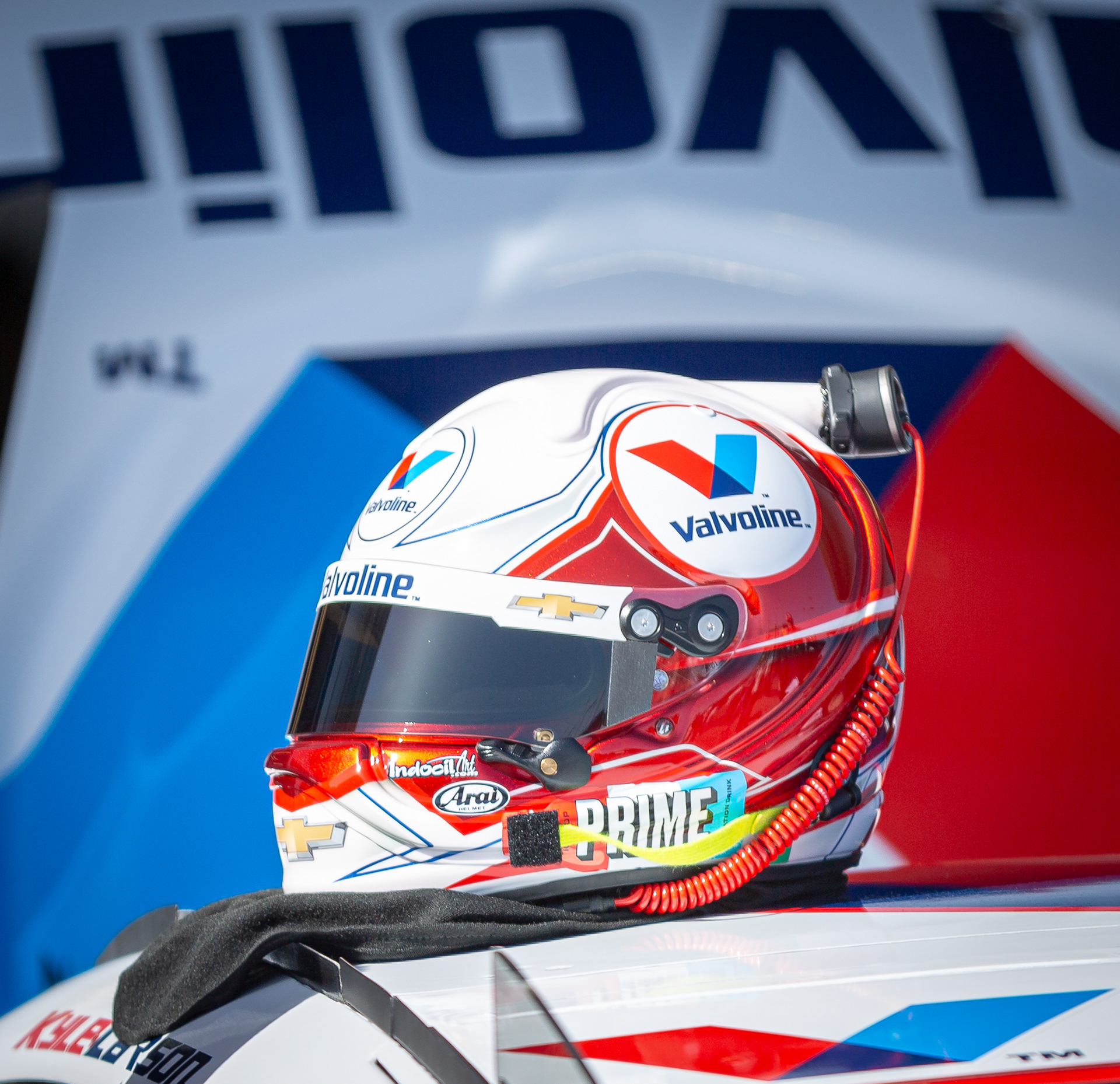 Kyle Larson's helmet sits on his car while in the garage before the race at Phoenix Raceway on Sunday, March 10, 2024 in Avondale, Arizona. 