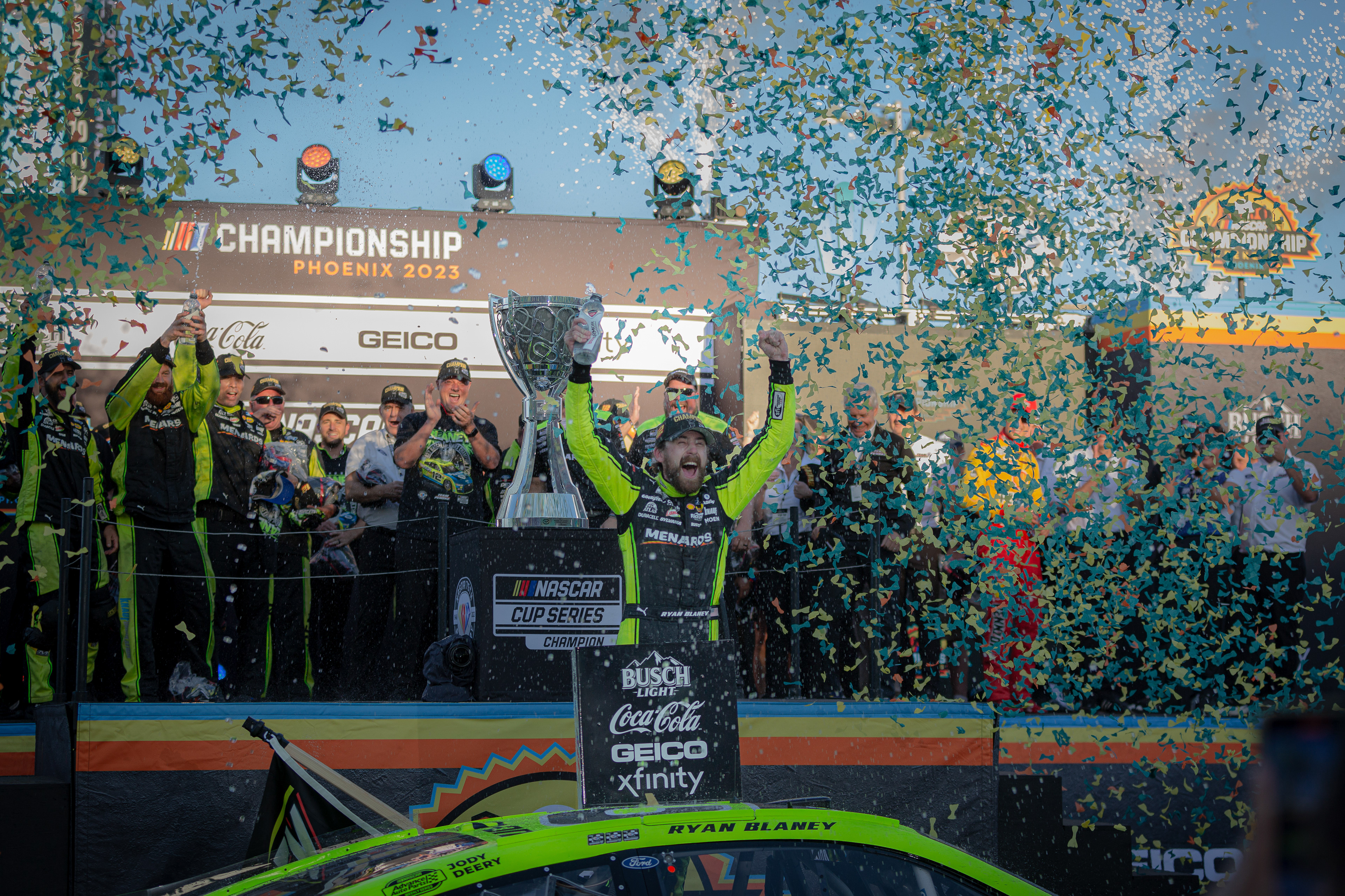 Ryan Blaney, NASCAR Cup Series driver, celebrates winning the 2023 NASCAR Cup Series Championship at Phoenix Raceway on Sunday, November 5, 2023 in Avondale, Arizona. 