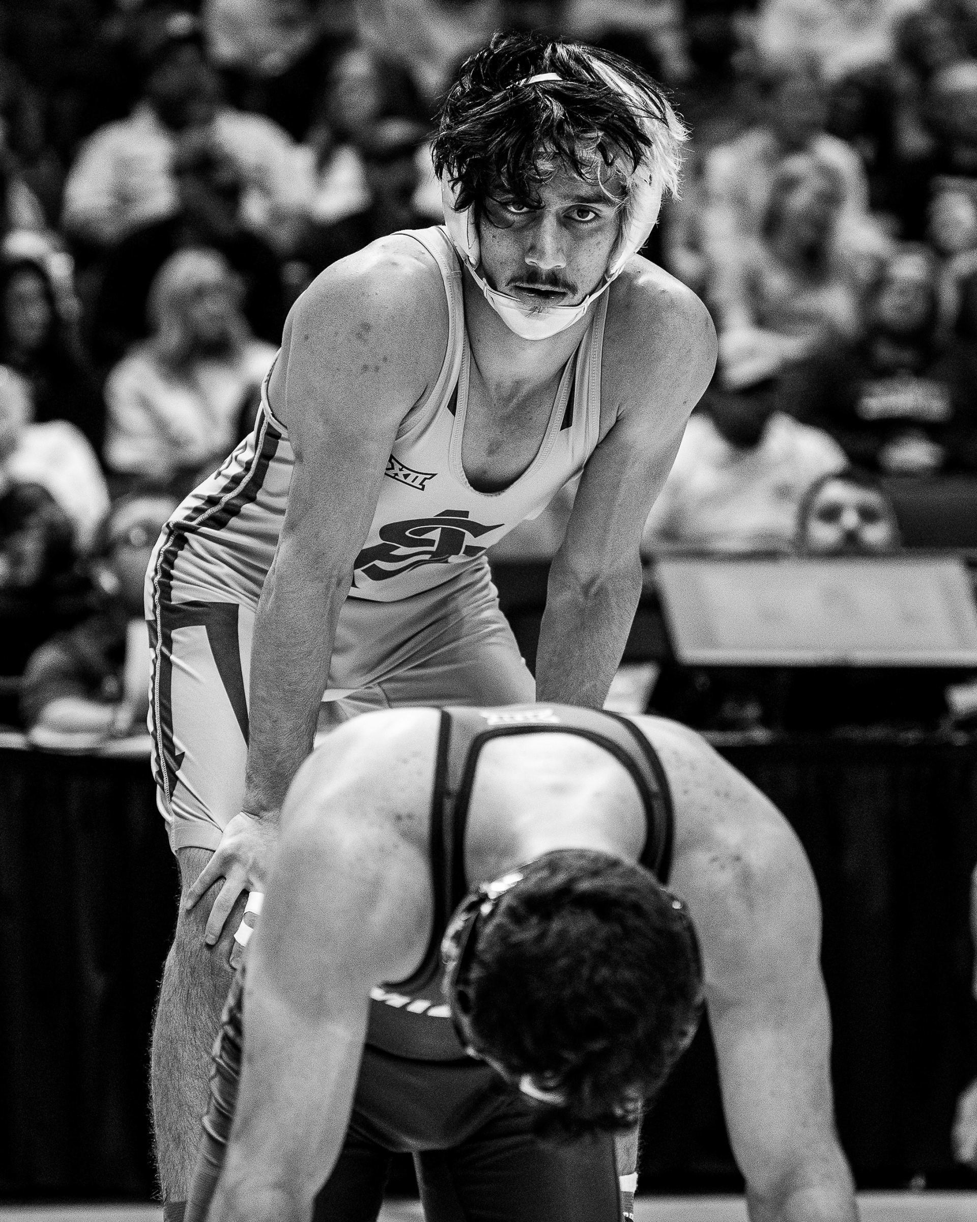 Kyler Larkin, Arizona State University wrestler, stares as he gets ready to wrestle Gage Walker, University of Missouri wrestler, during the Big 12 Championships at the BOK Center on Friday, March 6, 2026 in Tulsa, Oklahoma. 