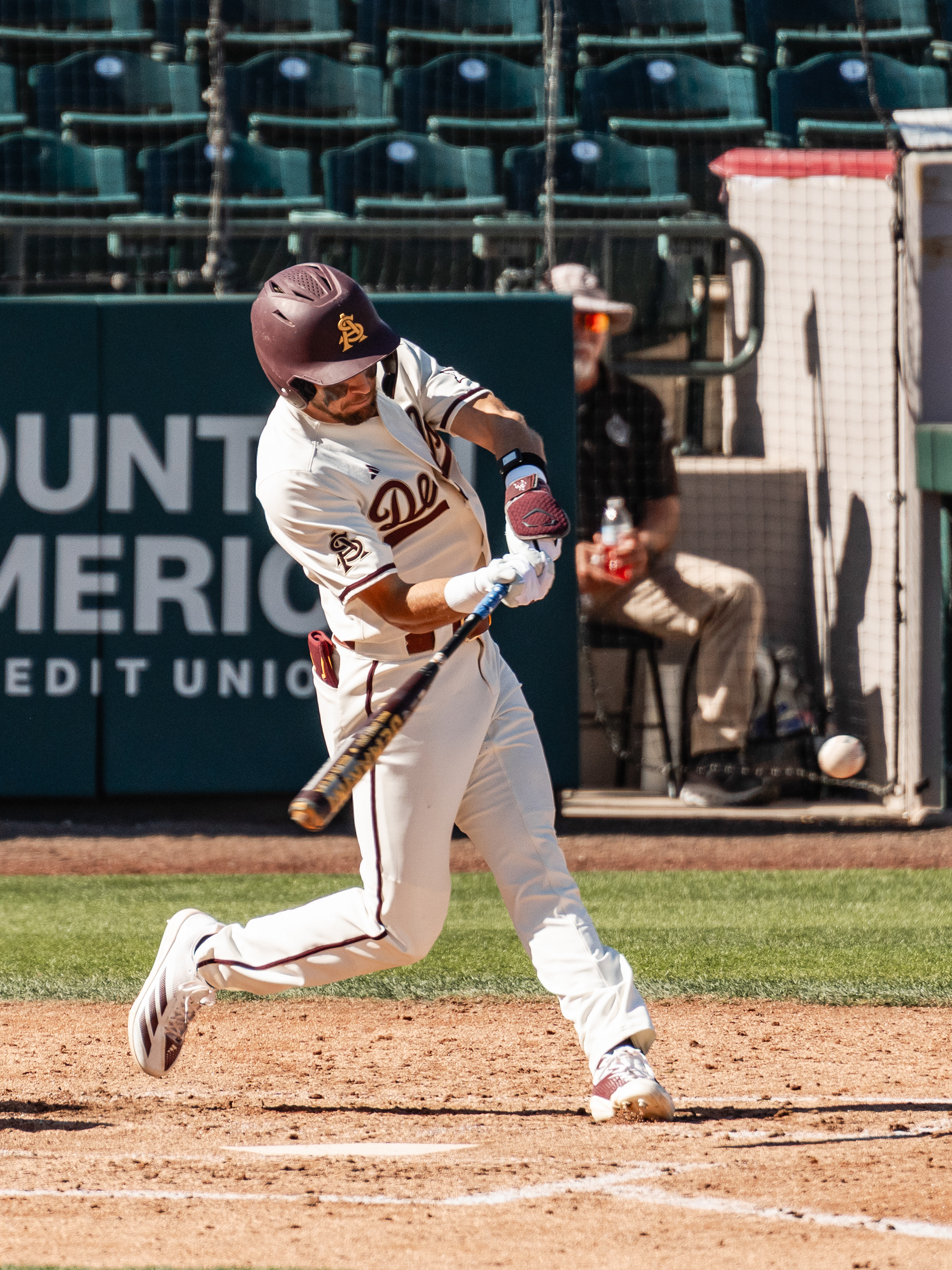 Ky McGary, Arizona State University outfielder, swings at a pitch during a home game against St. John’s University at Phoenix Municipal Stadium on Sunday, February 22, 2026 in Phoenix, Arizona. 
