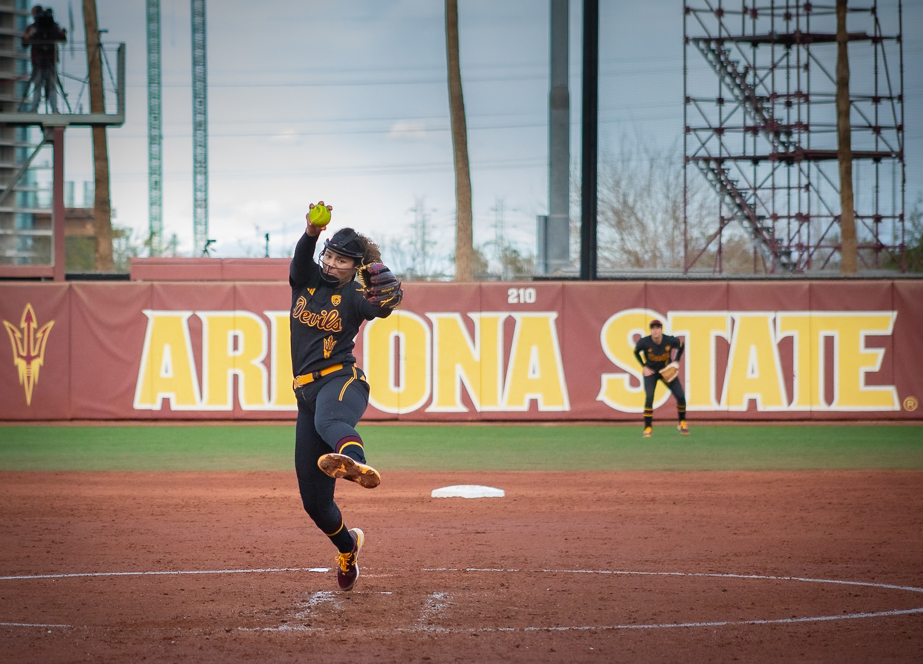 Kylee Magee, Arizona State University pitcher, winds up and gets ready to pitch the ball at Alberta B. Farrington Softball Stadium on Friday, February 9, 2024 in Tempe, Arizona. 