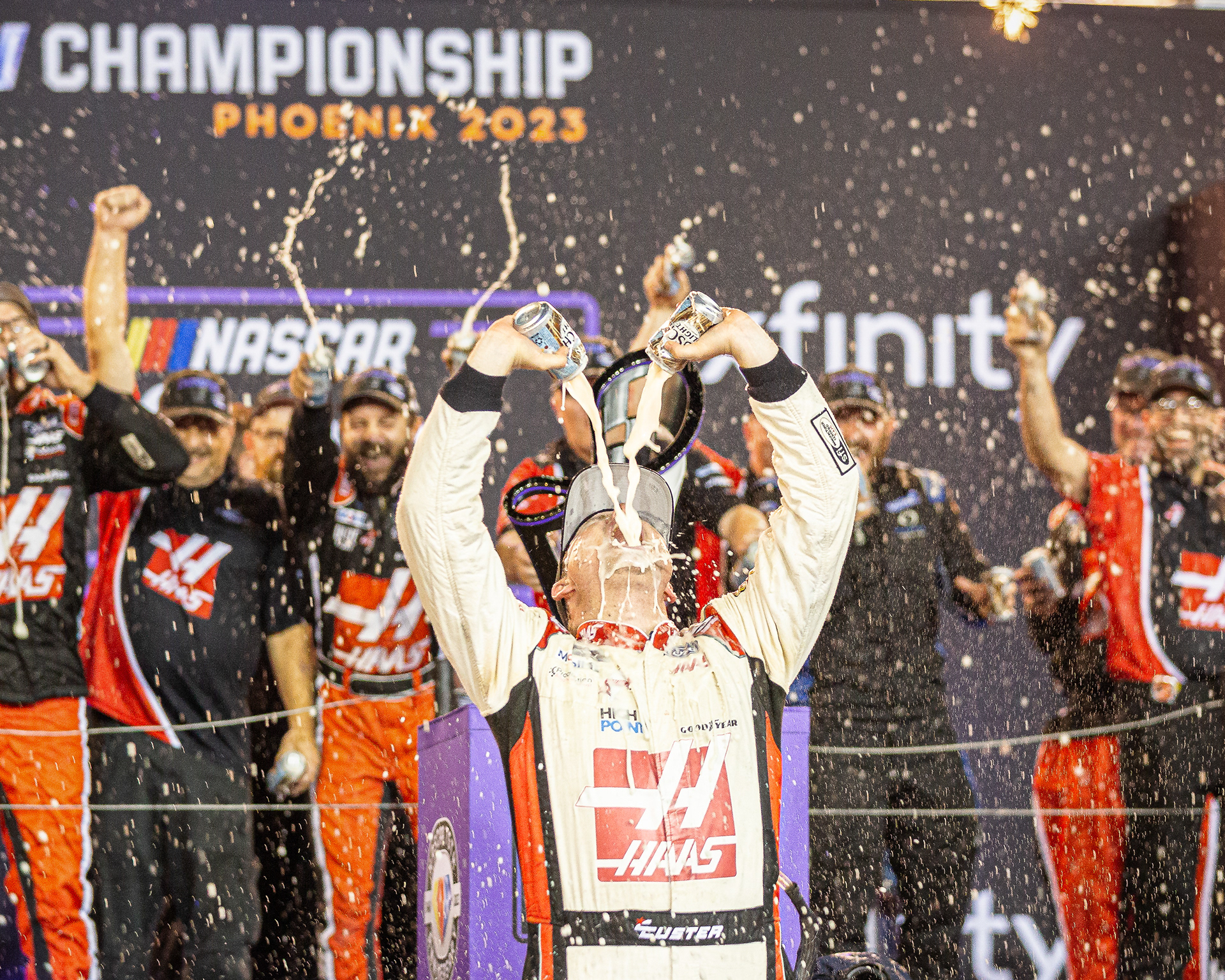 Cole Custer, NASCAR Xfinity Series driver, does his best “Stone Cold” Steve Austin impression after winning the 2023 Xfinity Series Championship at Phoenix Raceway on Saturday, November 4, 2023 in Avondale, Arizona.