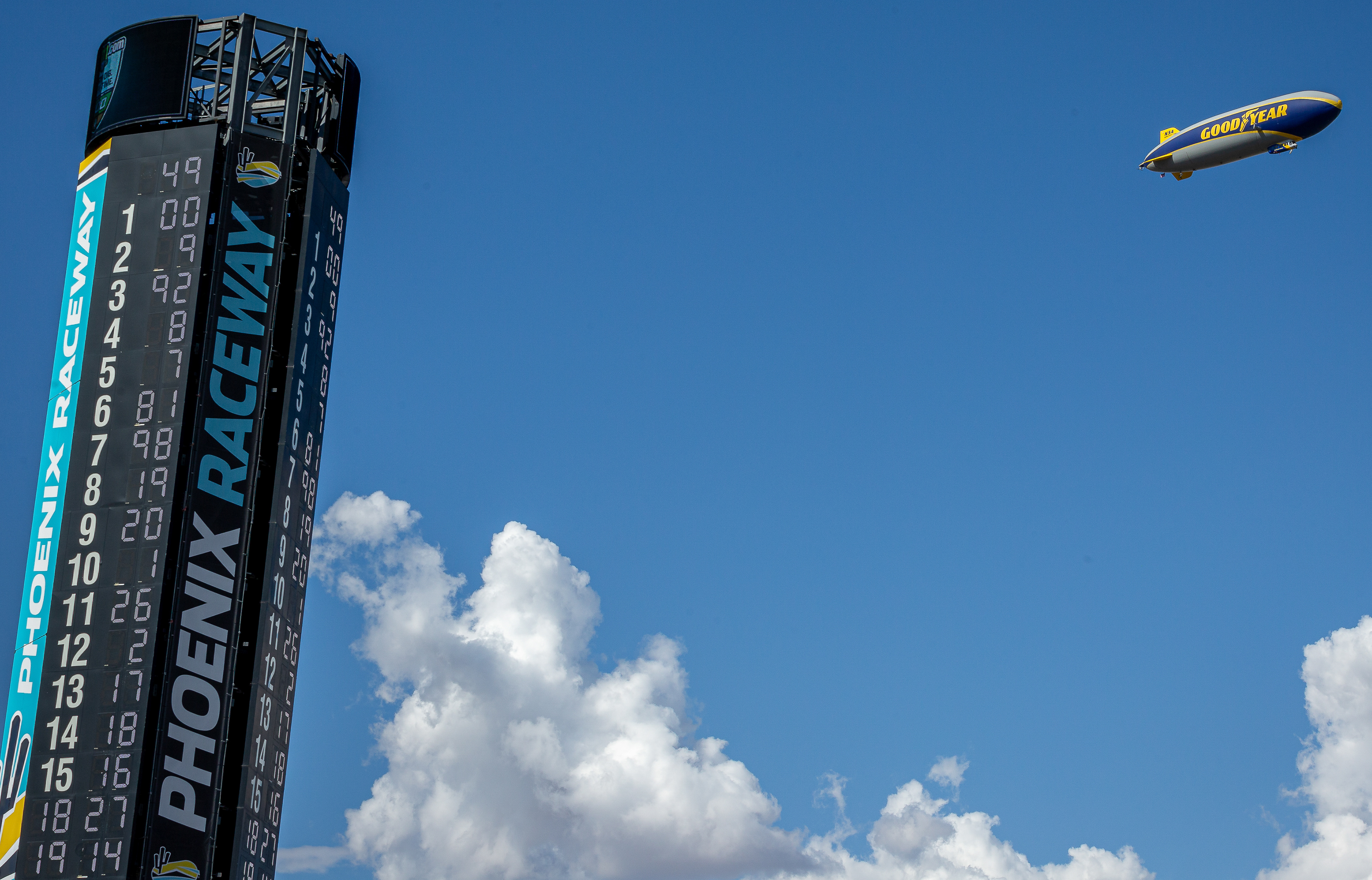 The Goodyear blimp flies over Phoenix Raceway on Saturday, March 9, 2024 in Avondale, Arizona.