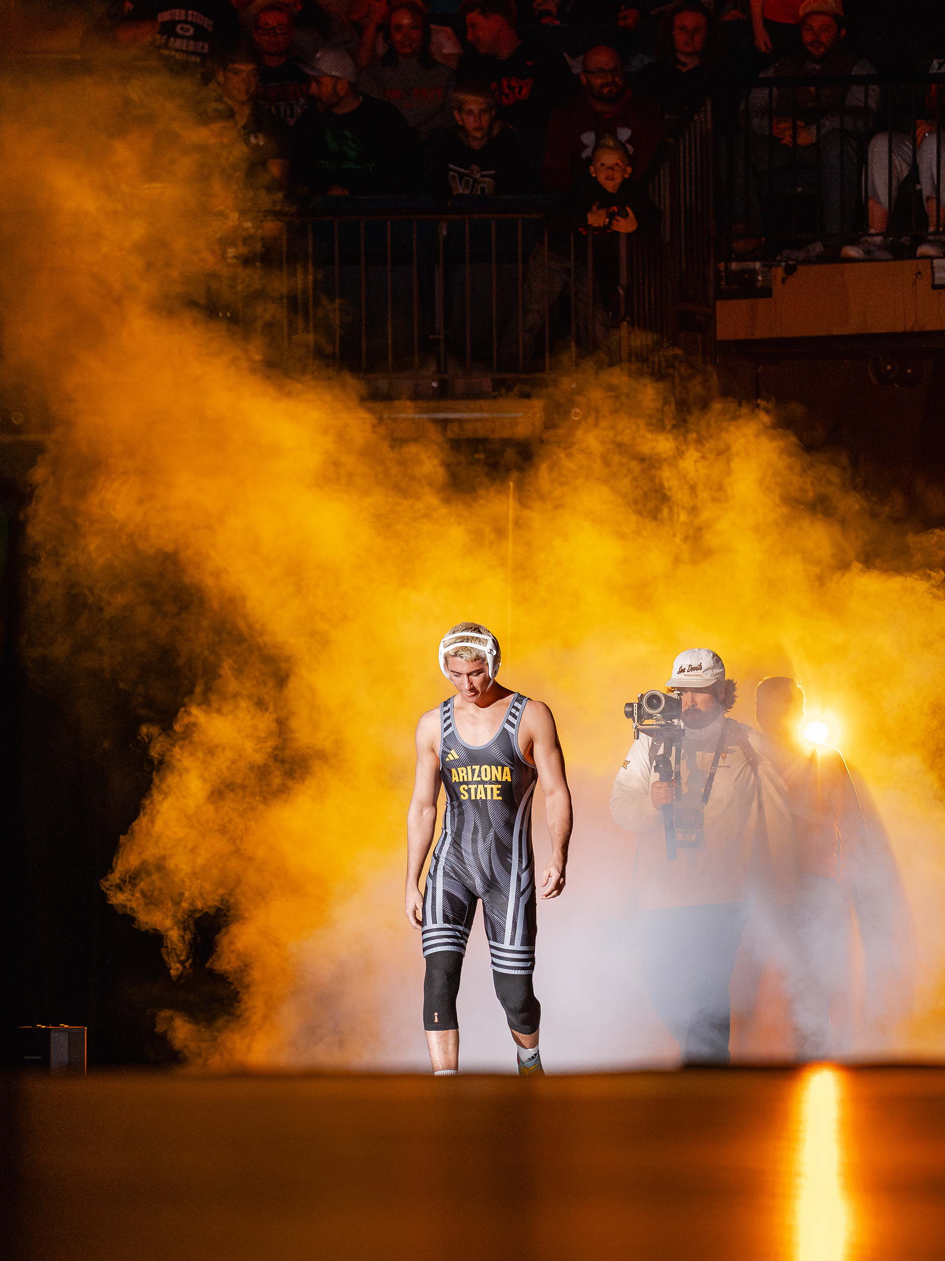 Kaleb Larkin, Arizona State University wrestler, walks out to the mat for the 157lb final match of the Big 12 Championships at the BOK Center on Saturday, March 7, 2026 in Tulsa, Oklahoma. 