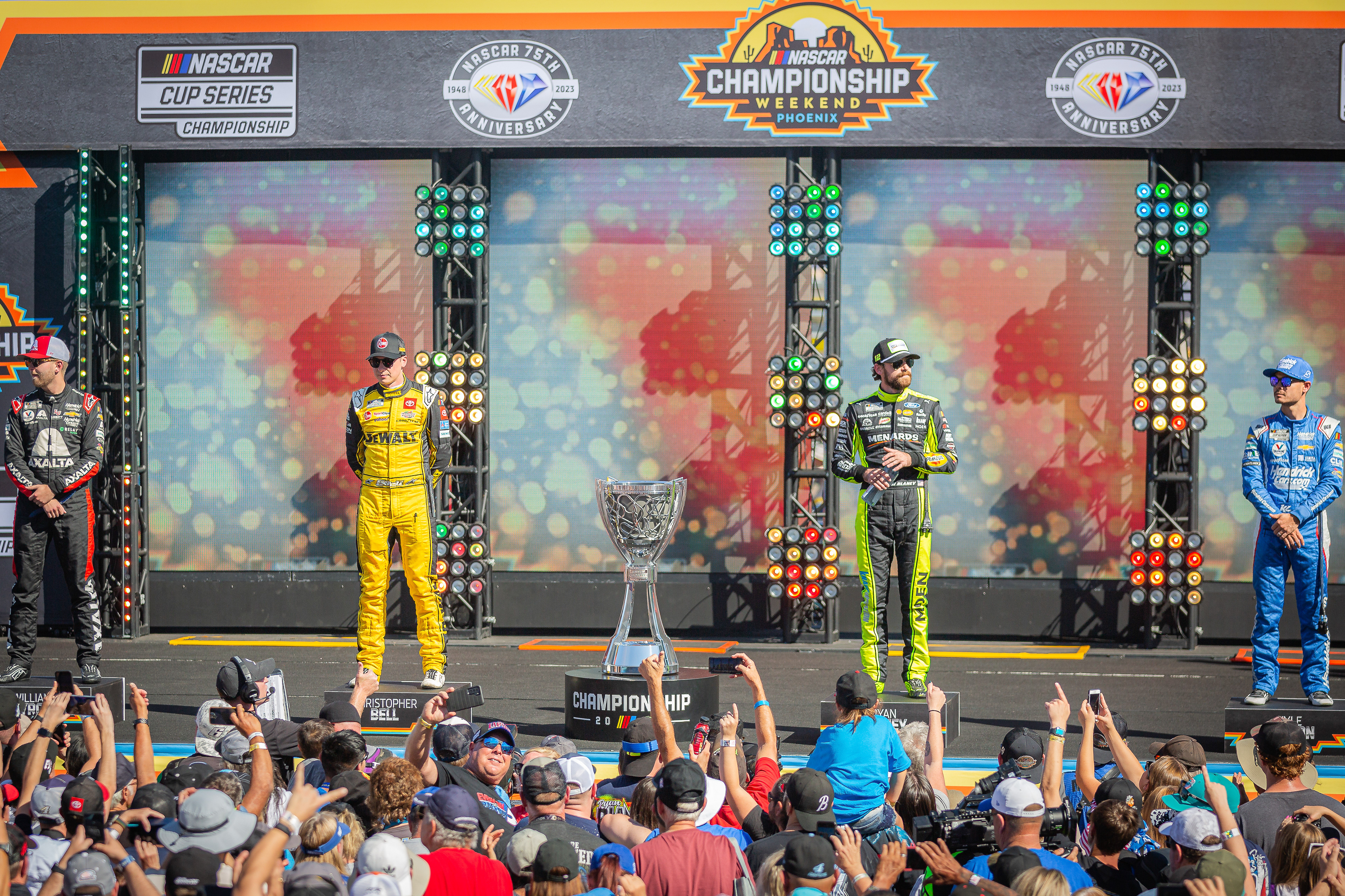 NASCAR Cup Series drivers William Bryon, Christopher Bell, Ryan Blaney and Kyle Larson get ready to race for the Cup Series championship at Phoenix Raceway on Sunday, November 5, 2024 in Avondale, Arizona.