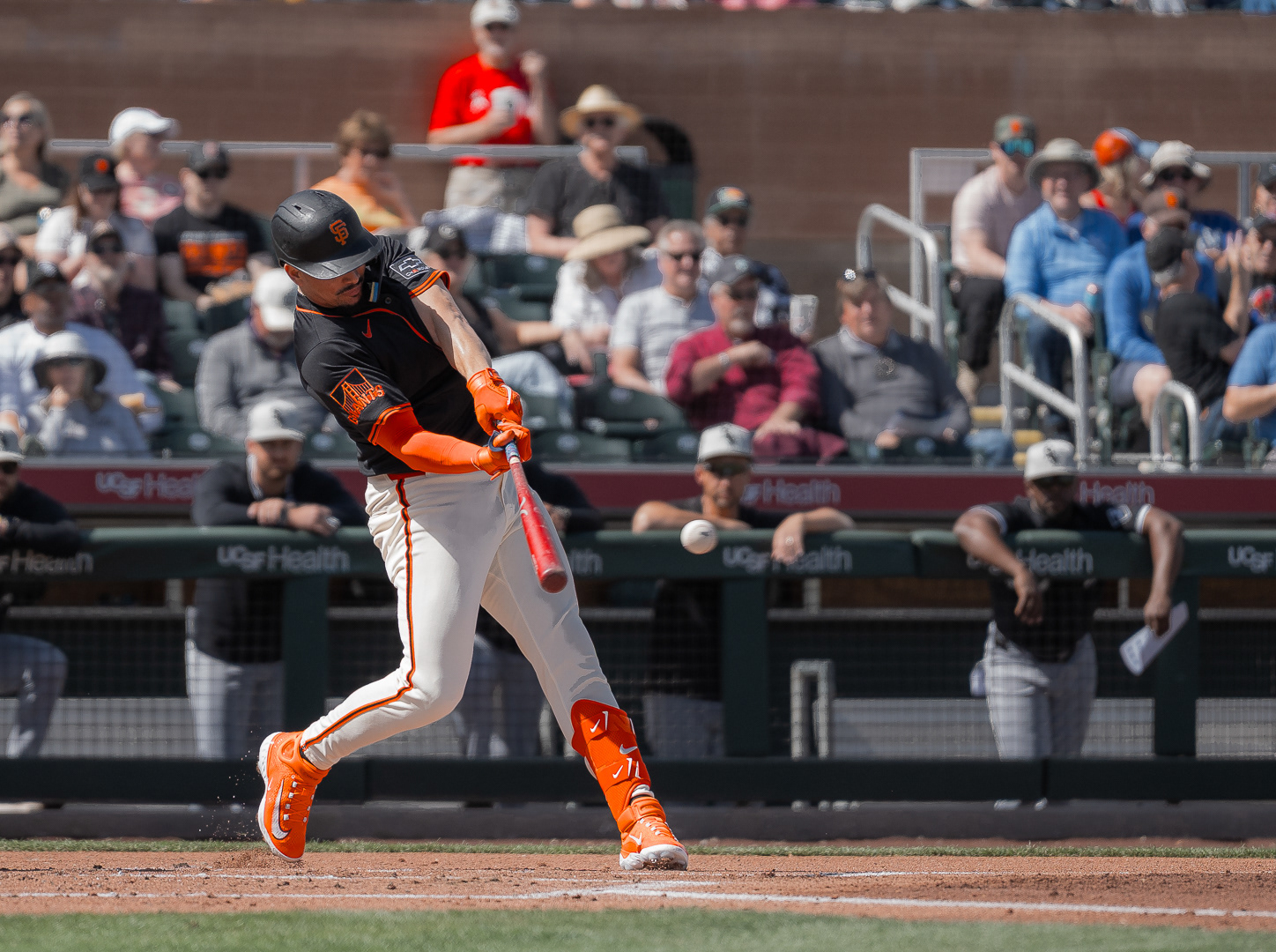 Willy Adames, San Francisco Giants infielder, swings at a ball during a home Cactus League game against the Chicago White Sox at Scottsdale Stadium on Thursday, March 6, 2025 in Scottsdale, Arizona. 
