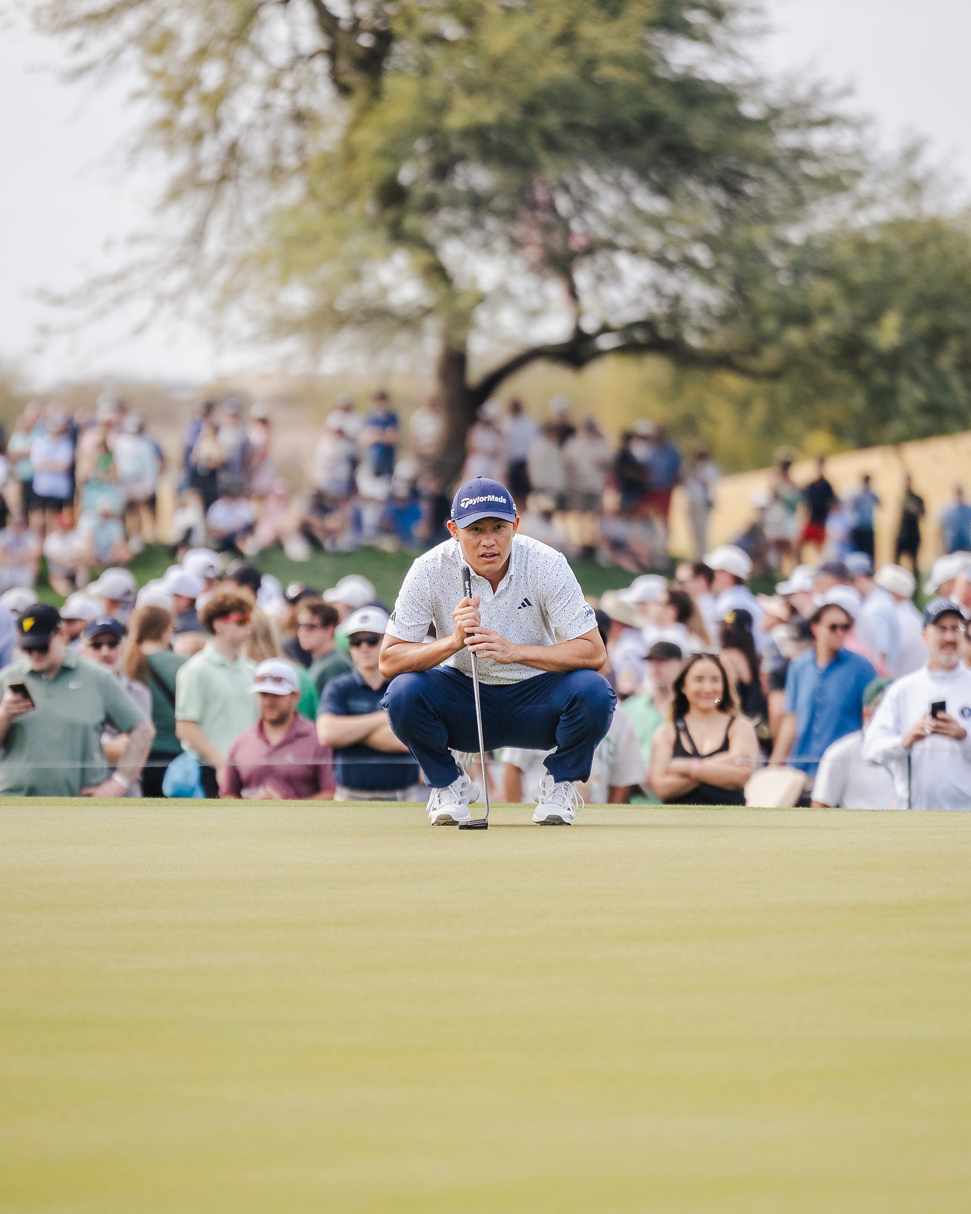 Collin Morikawa reads the green before putting on the green of the 2nd hole during round one of the Waste Management Phoenix Open at TPC Scottsdale on Thursday, February 5, 2026 in Scottsdale, Arizona.