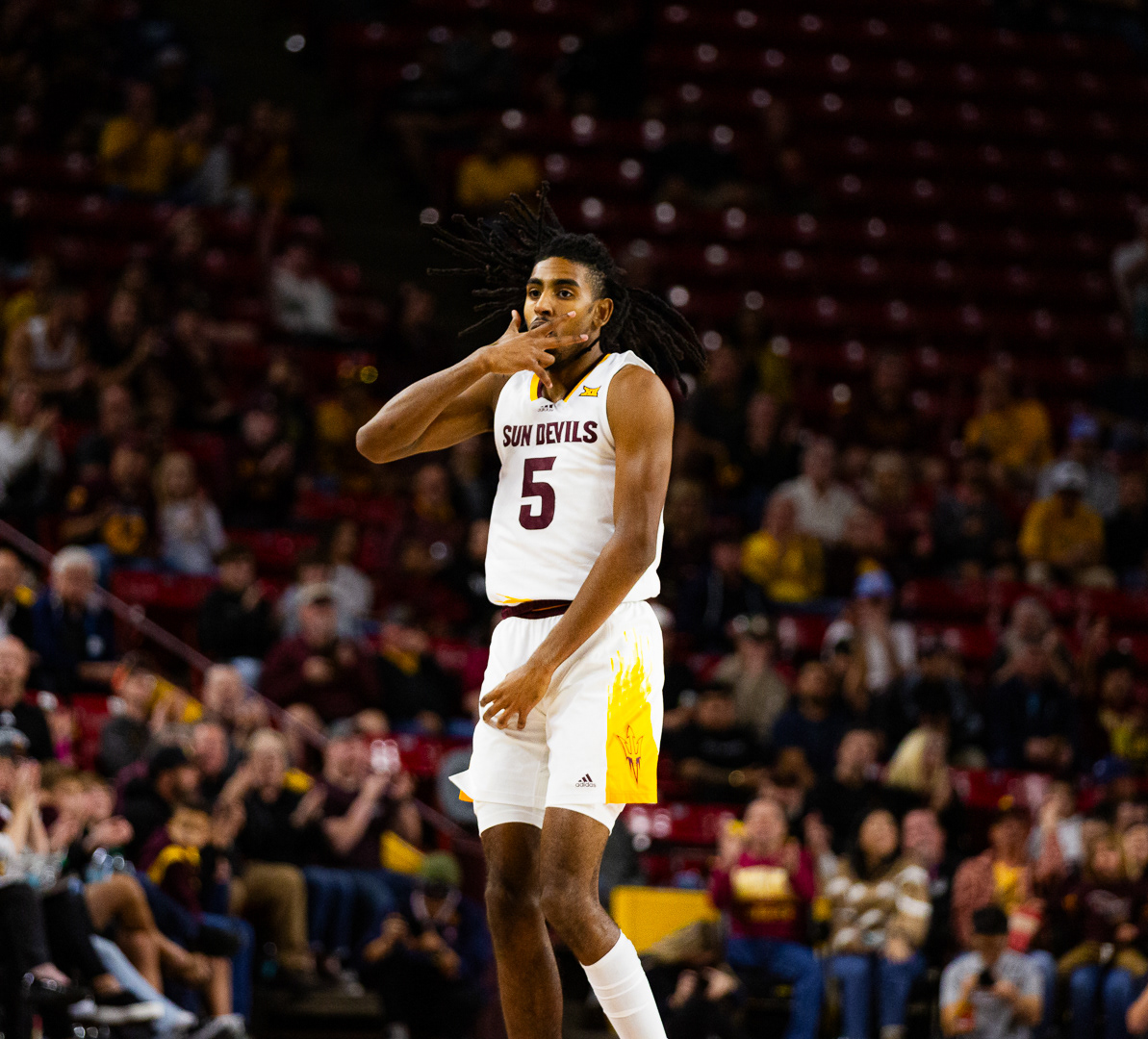  Amier Ali, Arizona State University guard/forward, celebrates a big shot during a home game against Idaho State at Desert Financial Arena on Tuesday, November 5, 2024 in Tempe, Arizona. 