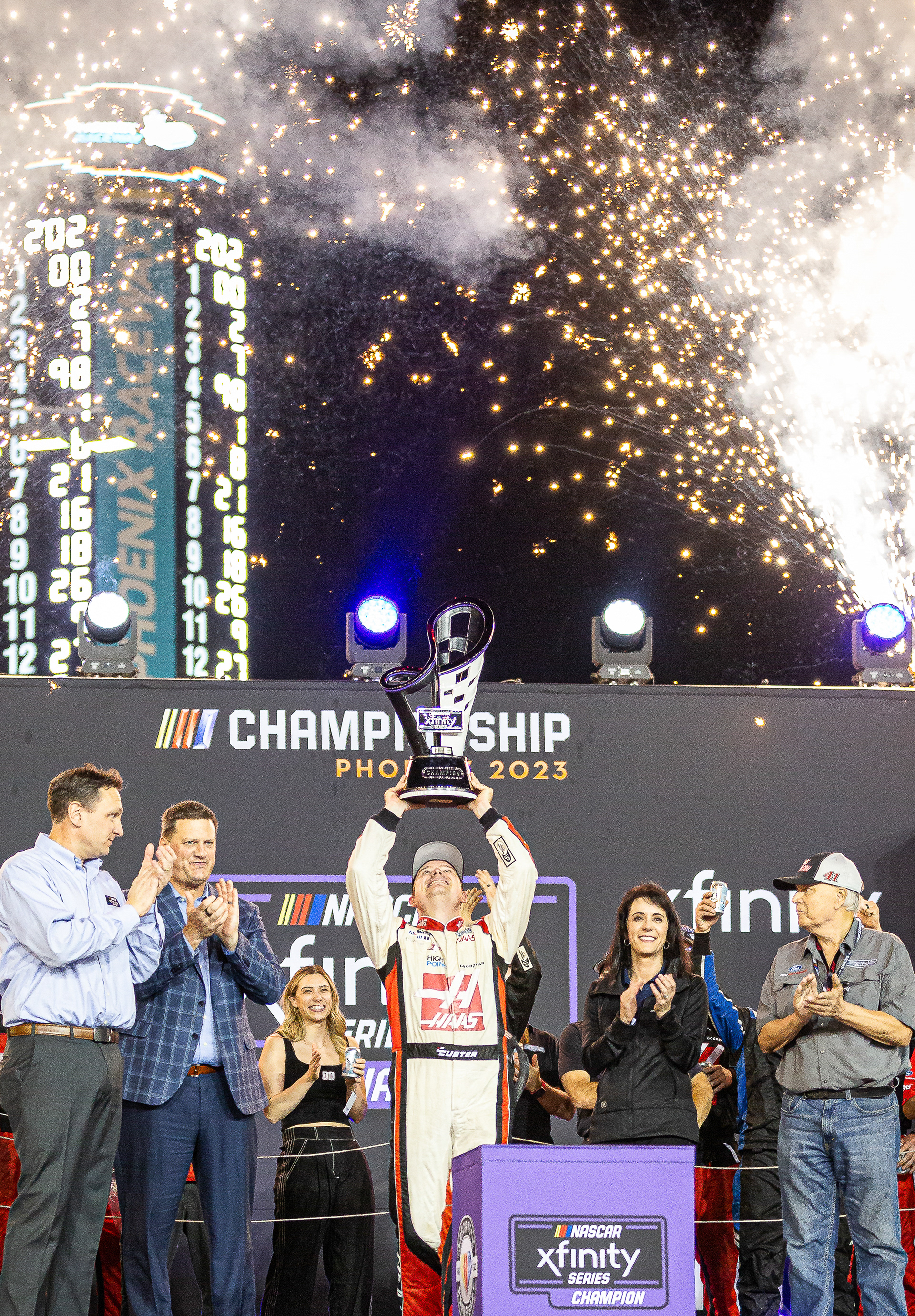 Cole Custer, NASCAR Xfinity Series driver, holds up his trophy after winning the 2023 Xfinity Series championship at Phoenix Raceway on Saturday, November 4, 2023 in Avondale, Arizona.